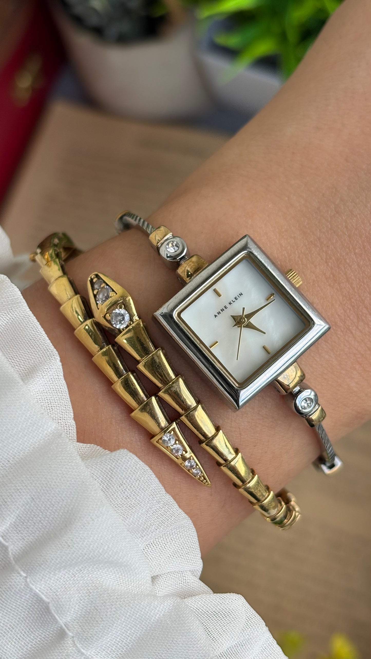 Extremely Rare Vintage Anne Klein Bejeweled Watch Pearl Dial