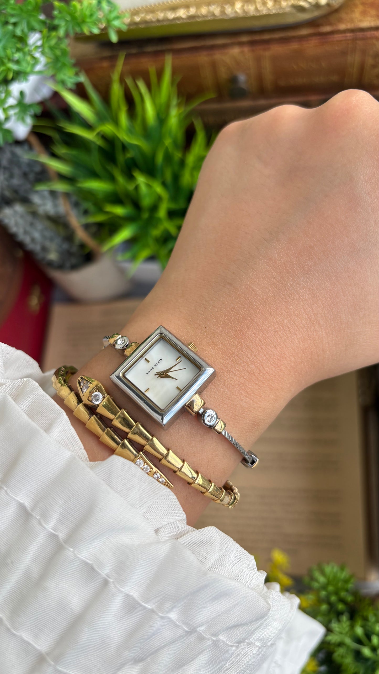 Extremely Rare Vintage Anne Klein Bejeweled Watch Pearl Dial