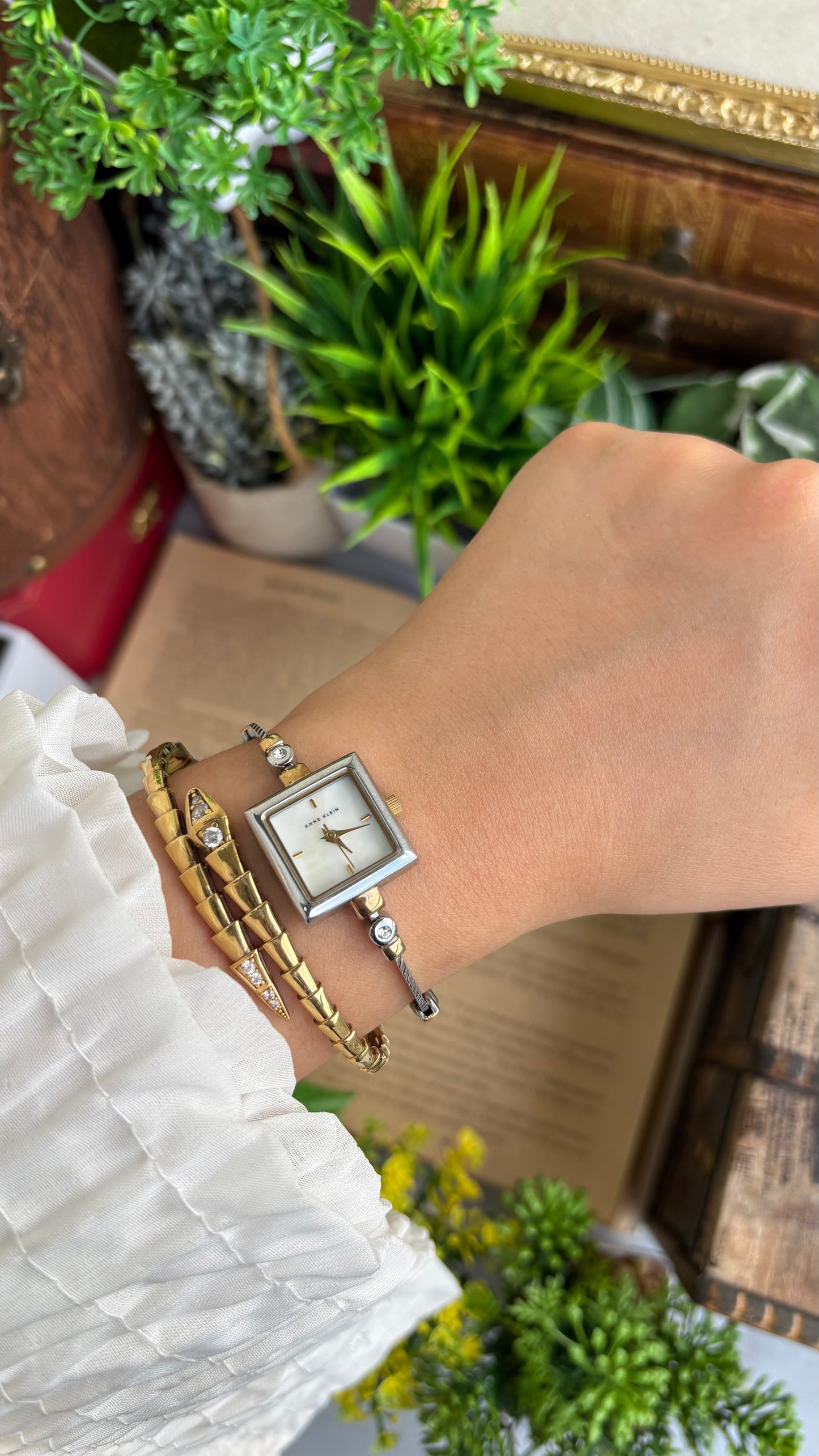 Extremely Rare Vintage Anne Klein Bejeweled Watch Pearl Dial