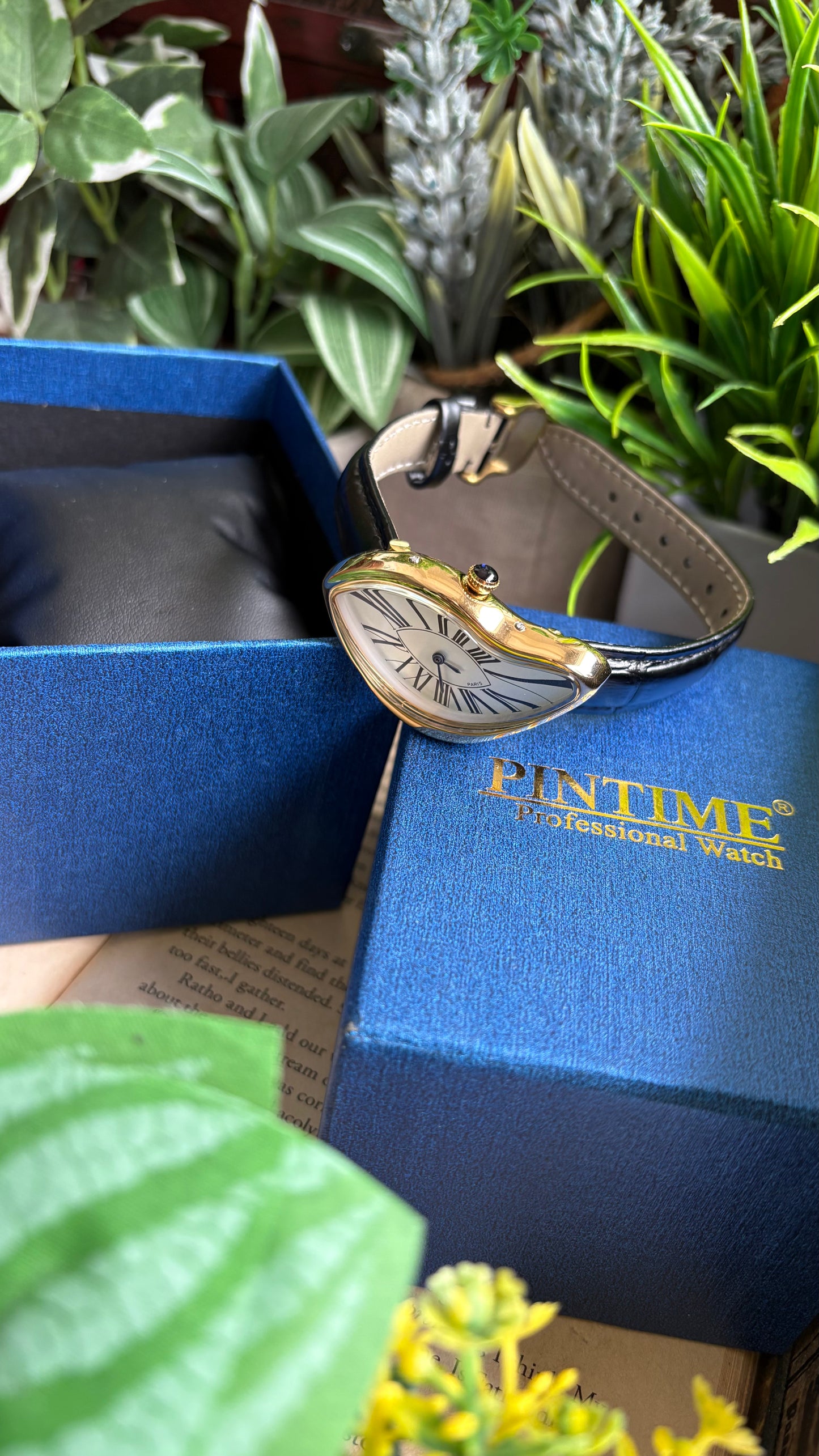 Vintage Pintime Paris Melted Watch in Black Leather Strap Roman Dial