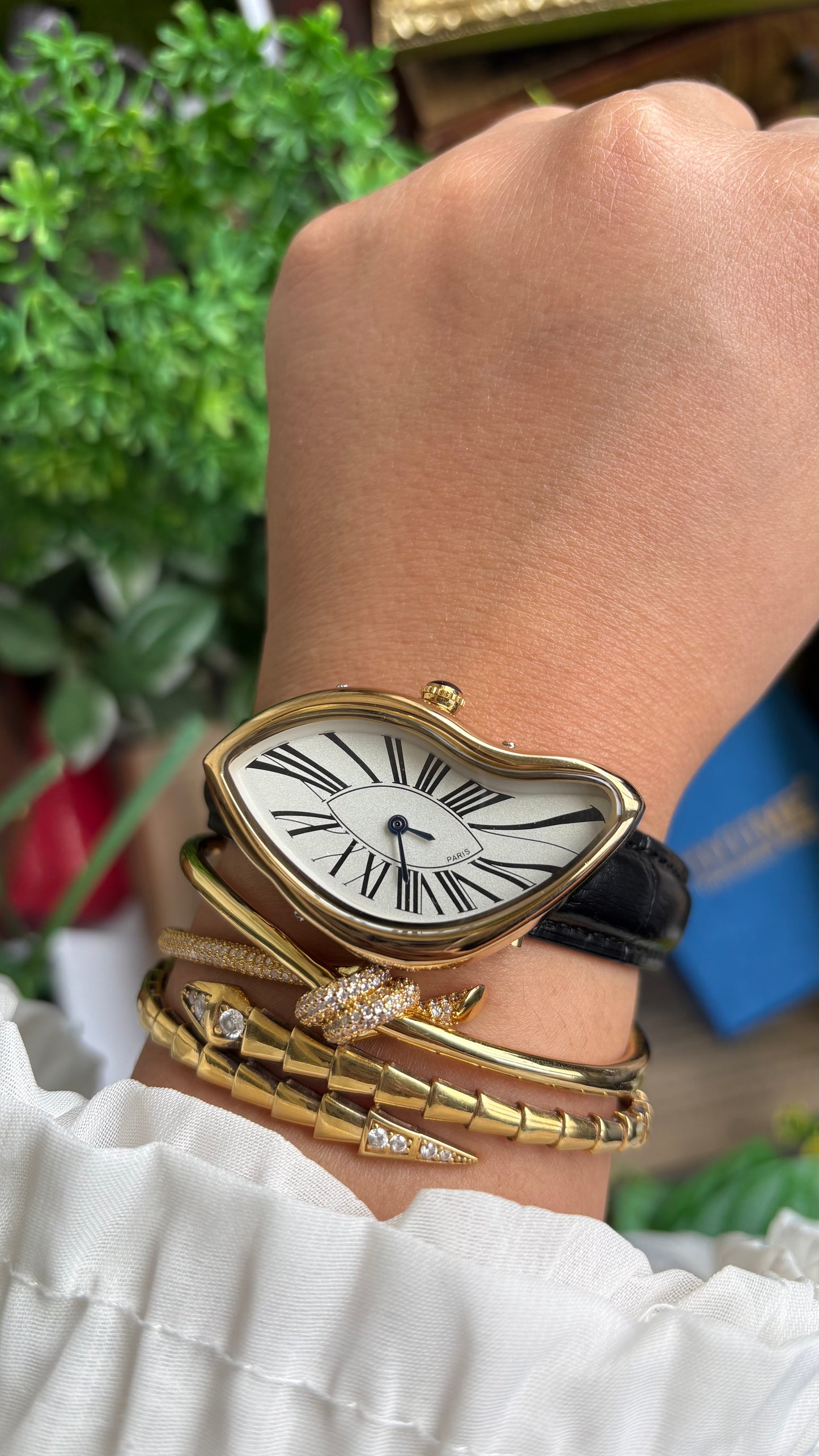 Vintage Pintime Paris Melted Watch in Black Leather Strap Roman Dial
