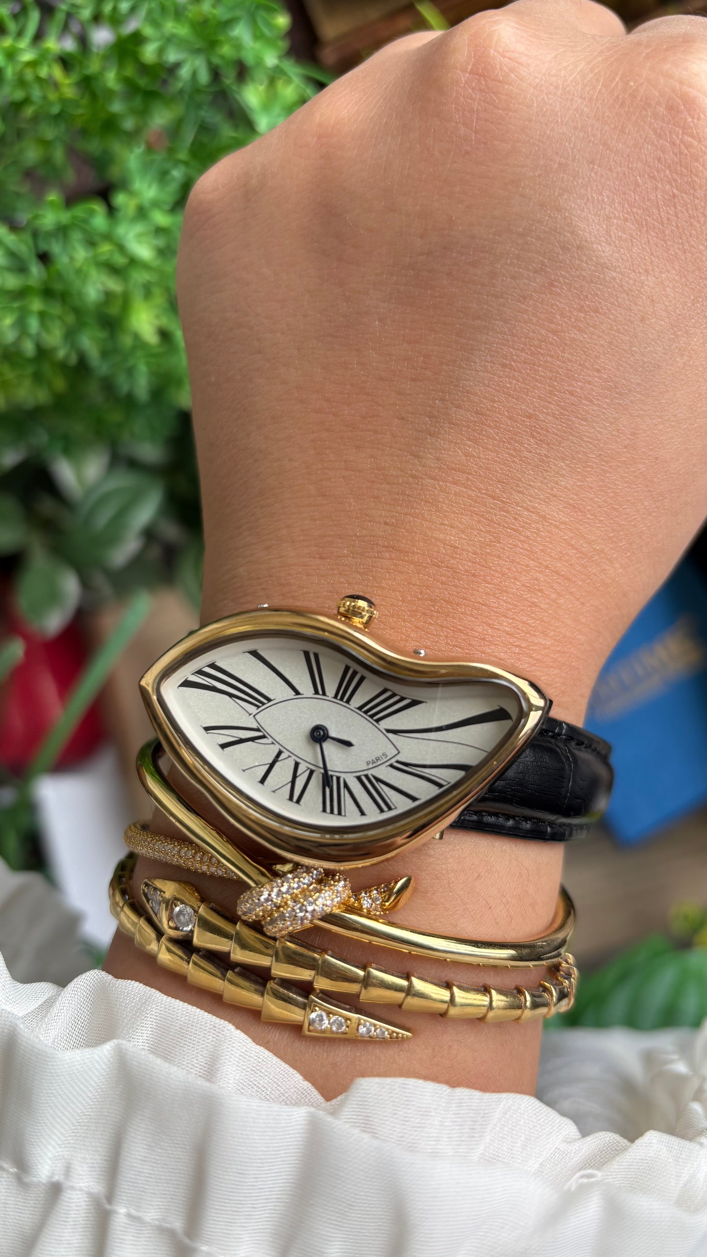 Vintage Pintime Paris Melted Watch in Black Leather Strap Roman Dial