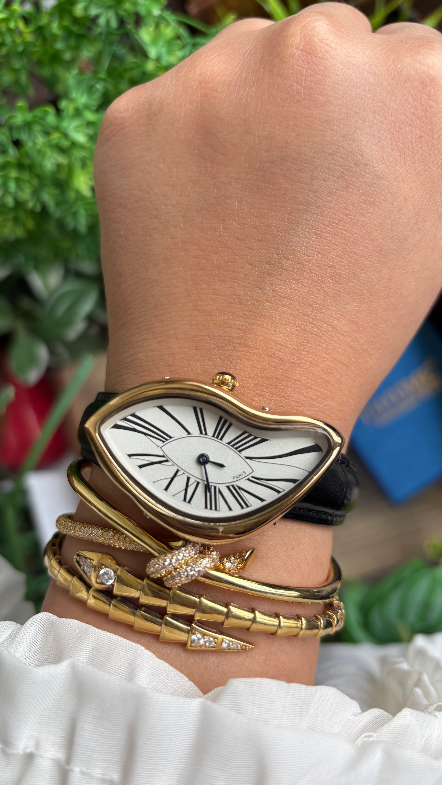 Vintage Pintime Paris Melted Watch in Black Leather Strap Roman Dial
