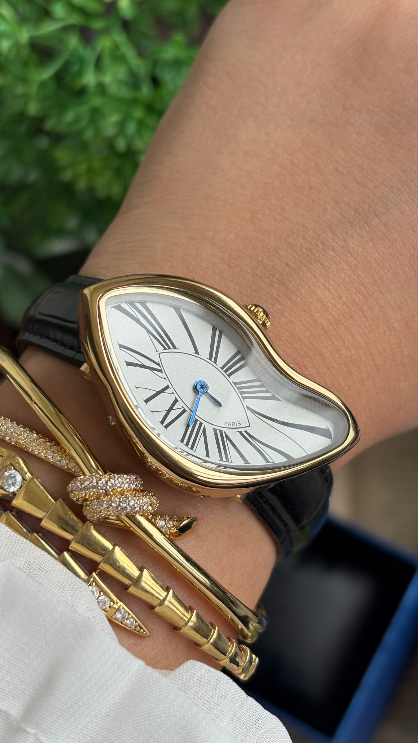 Vintage Pintime Paris Melted Watch in Black Leather Strap Roman Dial