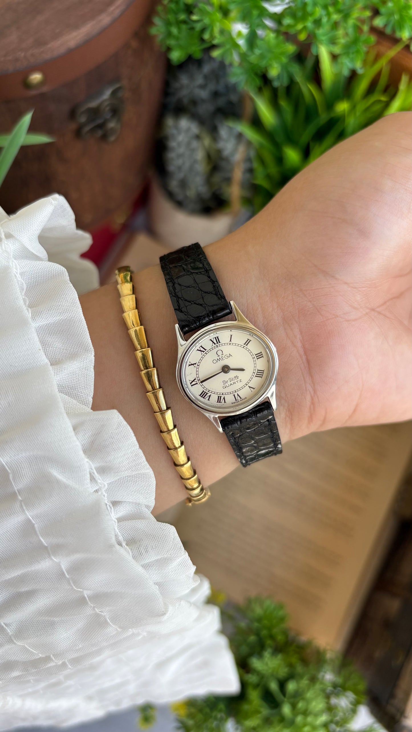 Vintage Omega De Ville Swiss Watch in Black Leather Straps Roman Dial