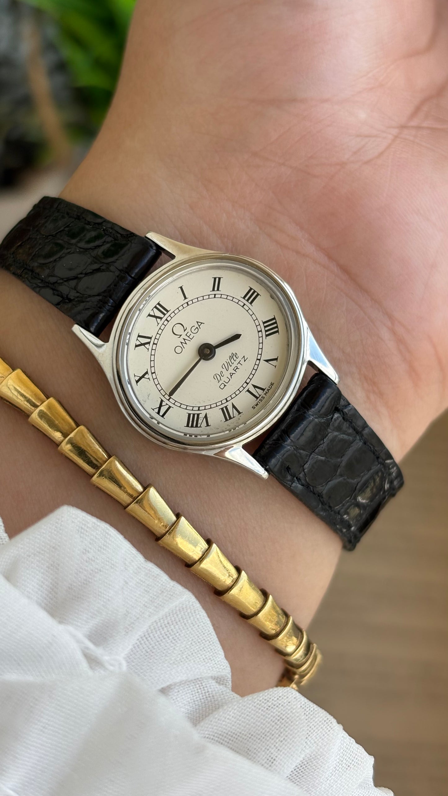Vintage Omega De Ville Swiss Watch in Black Leather Straps Roman Dial