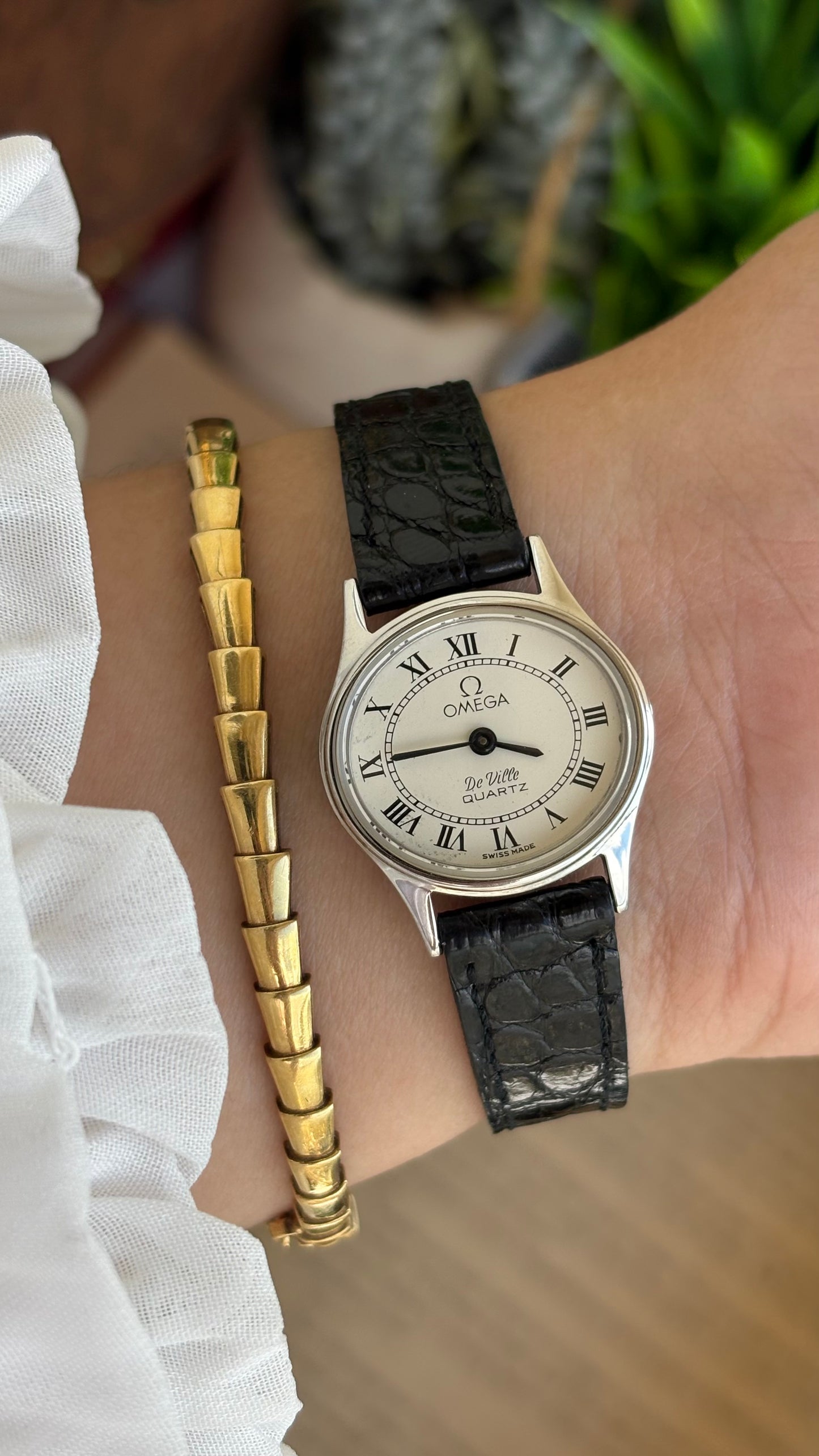 Vintage Omega De Ville Swiss Watch in Black Leather Straps Roman Dial