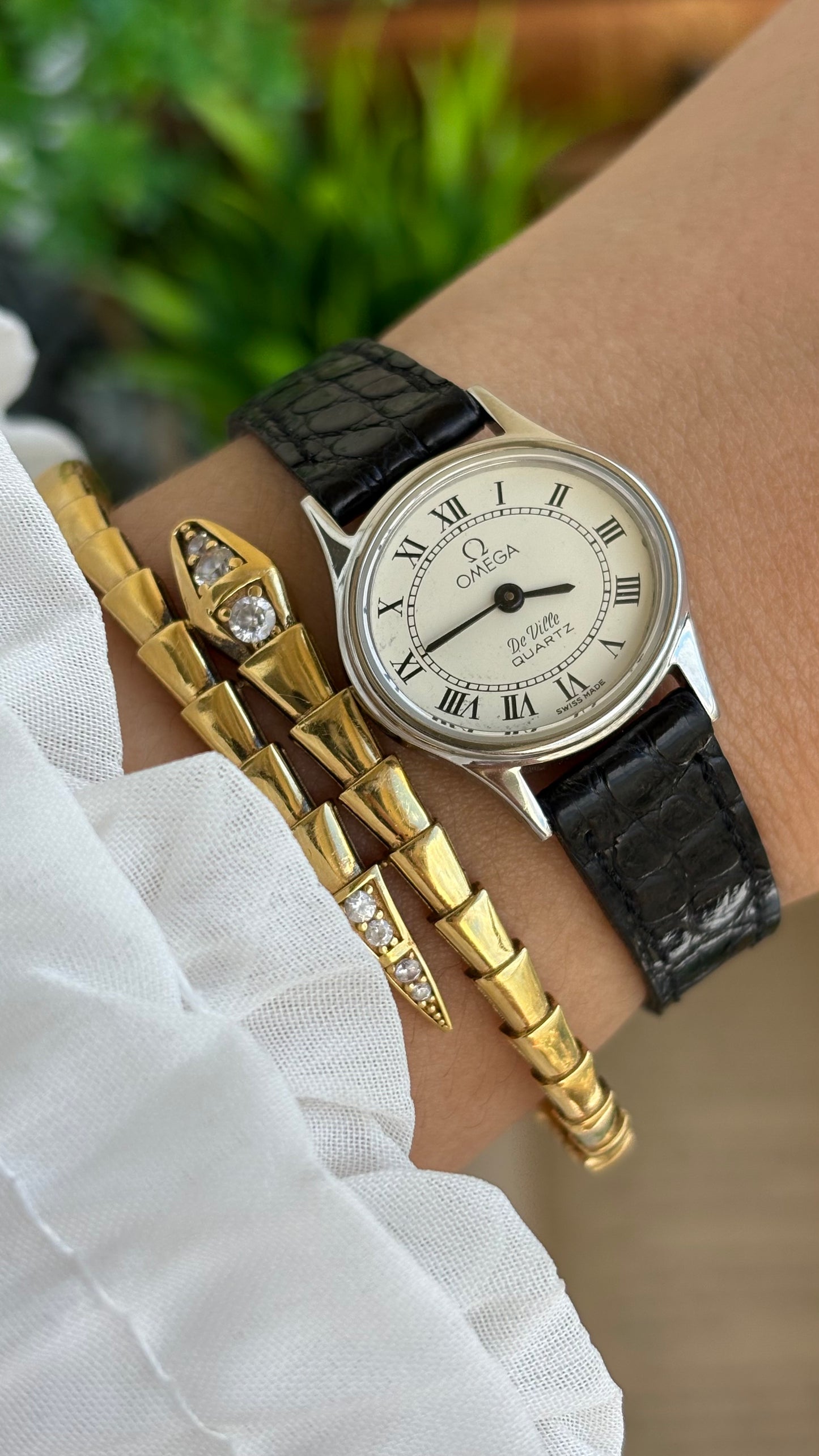 Vintage Omega De Ville Swiss Watch in Black Leather Straps Roman Dial