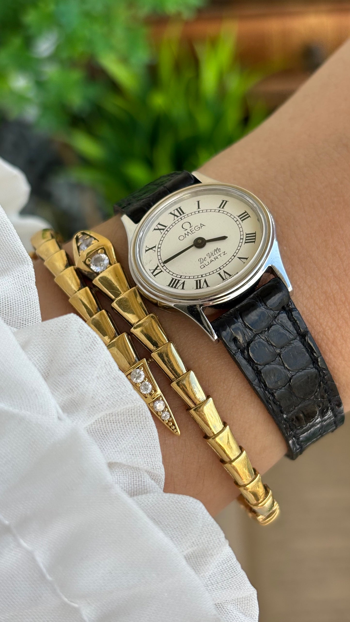 Vintage Omega De Ville Swiss Watch in Black Leather Straps Roman Dial