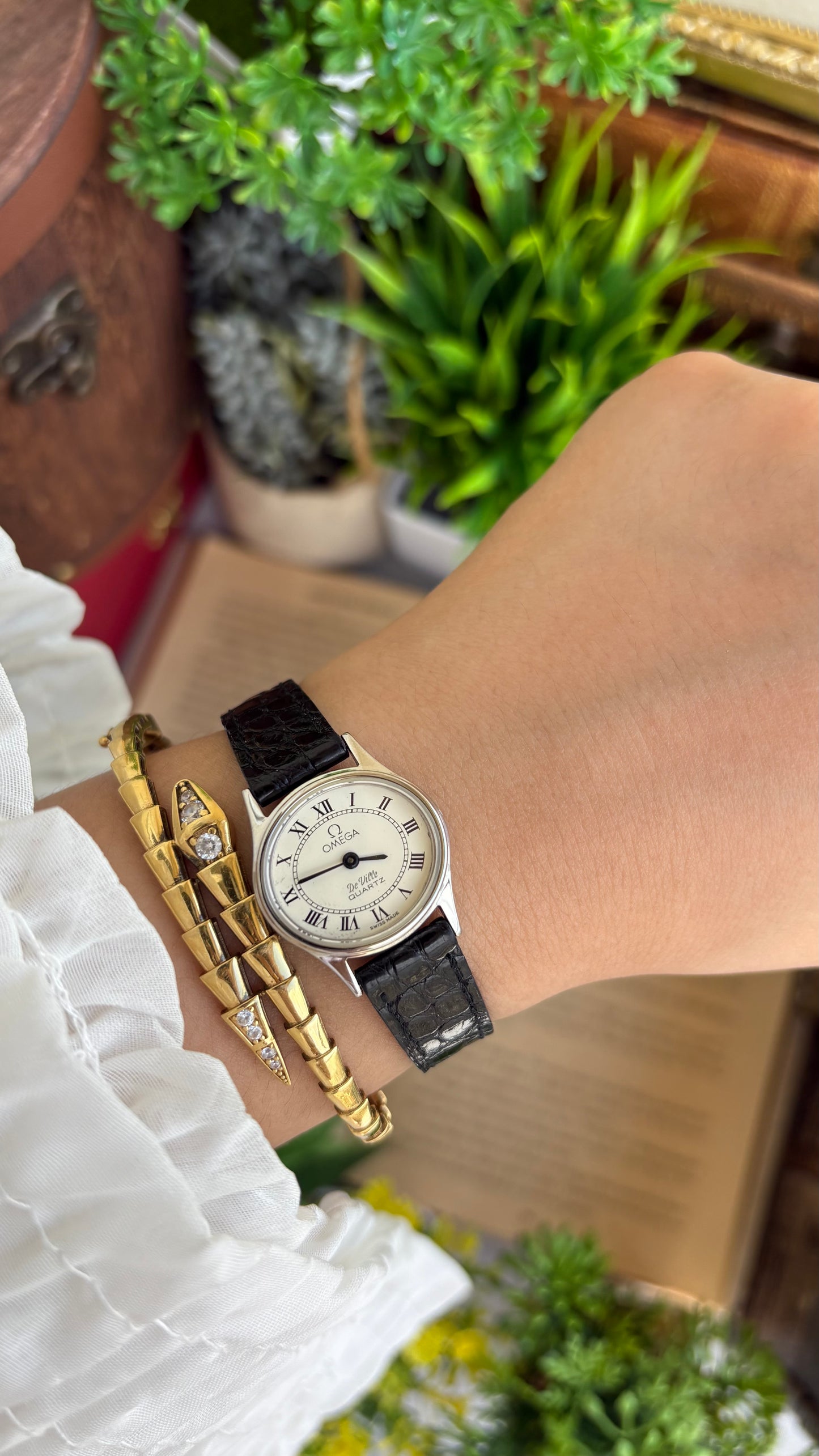 Vintage Omega De Ville Swiss Watch in Black Leather Straps Roman Dial