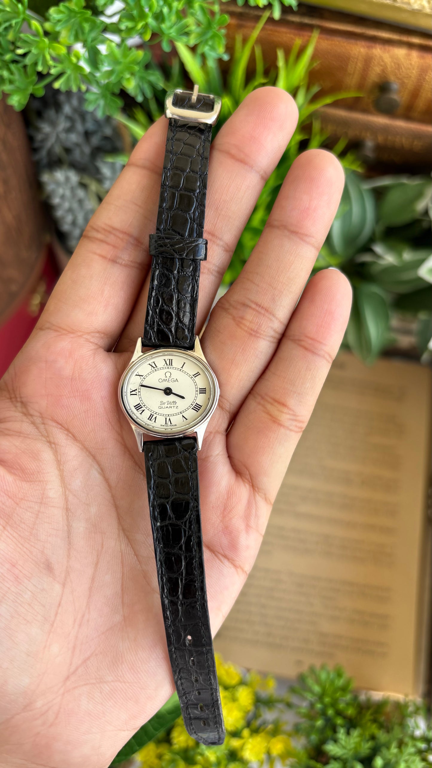 Vintage Omega De Ville Swiss Watch in Black Leather Straps Roman Dial