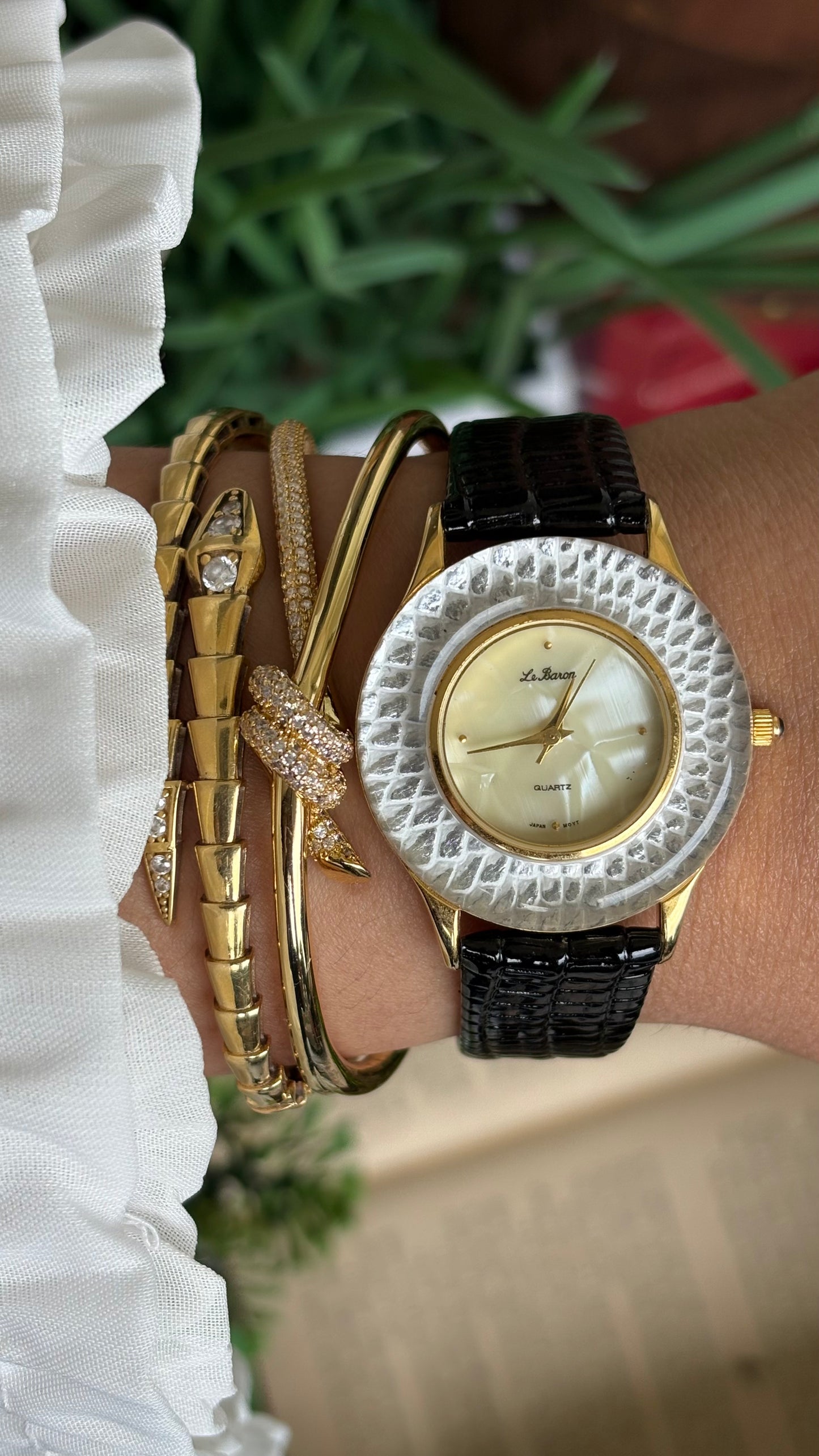 Vintage Le Baron Watch in Black Leather Strap Pearl Dial Snake Style Bezel