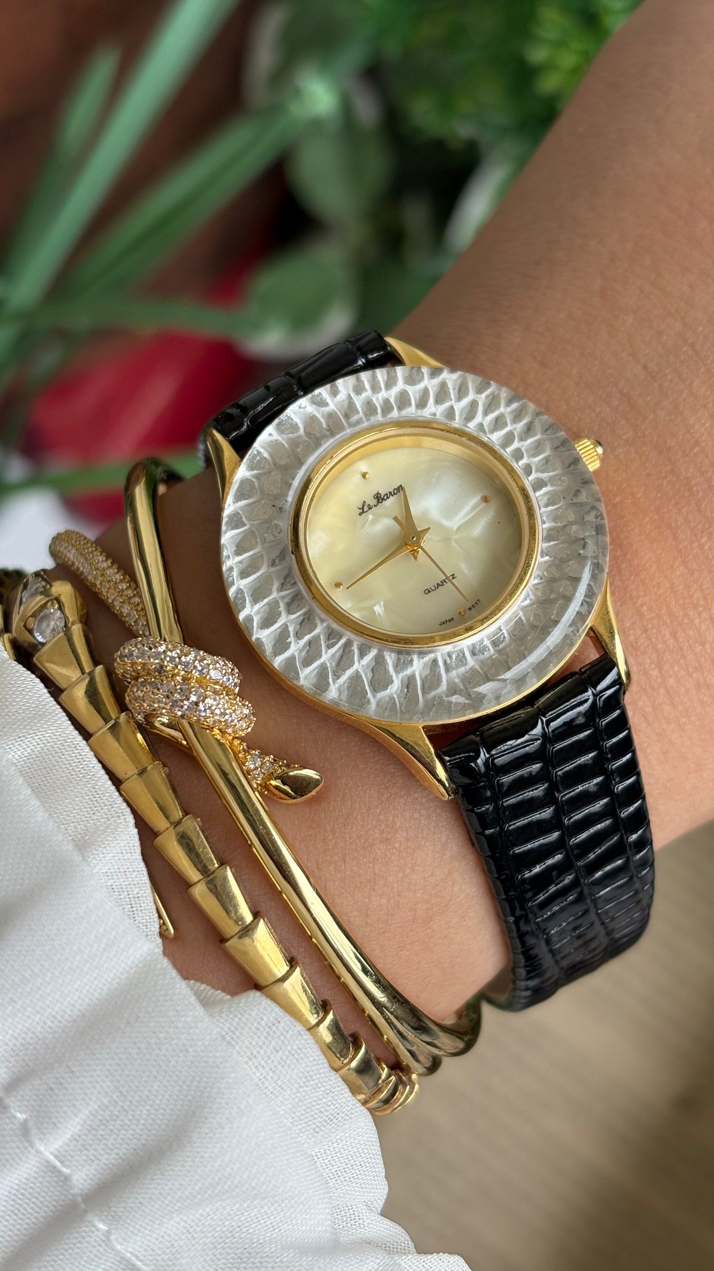 Vintage Le Baron Watch in Black Leather Strap Pearl Dial Snake Style Bezel
