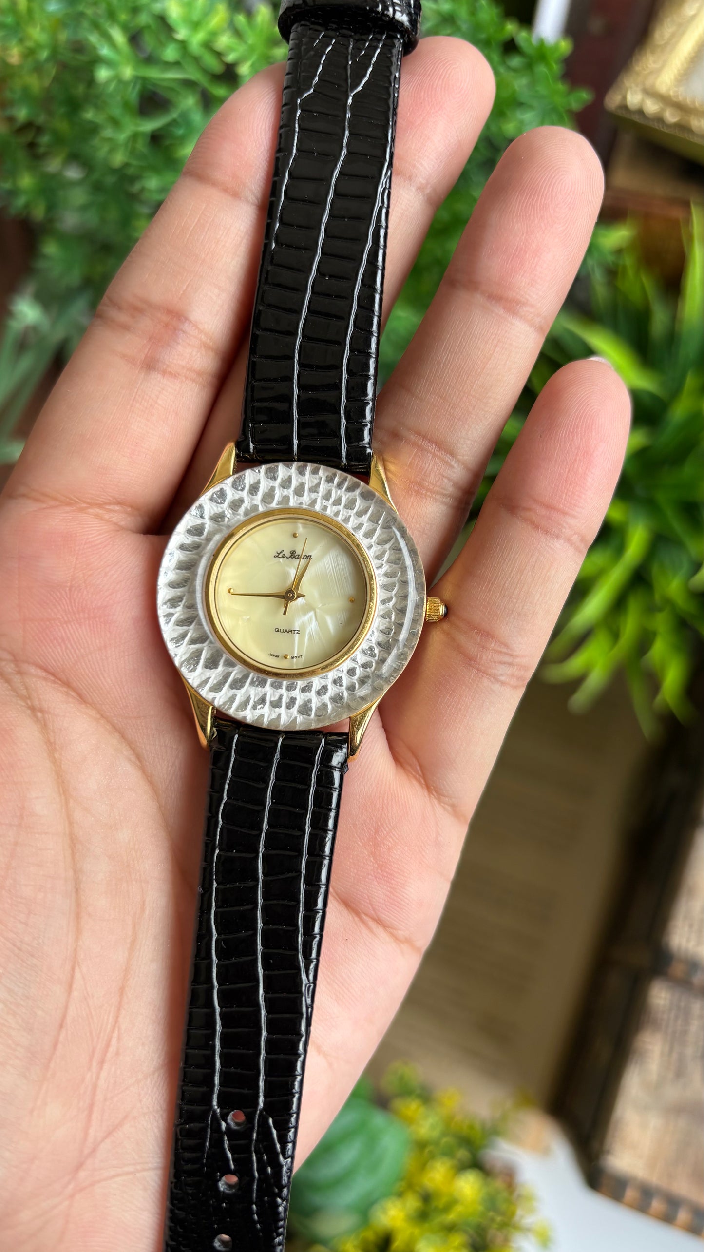 Vintage Le Baron Watch in Black Leather Strap Pearl Dial Snake Style Bezel