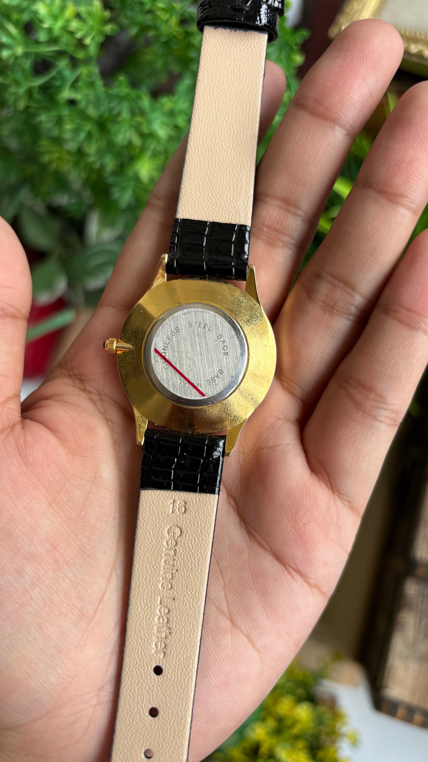 Vintage Le Baron Watch in Black Leather Strap Pearl Dial Snake Style Bezel