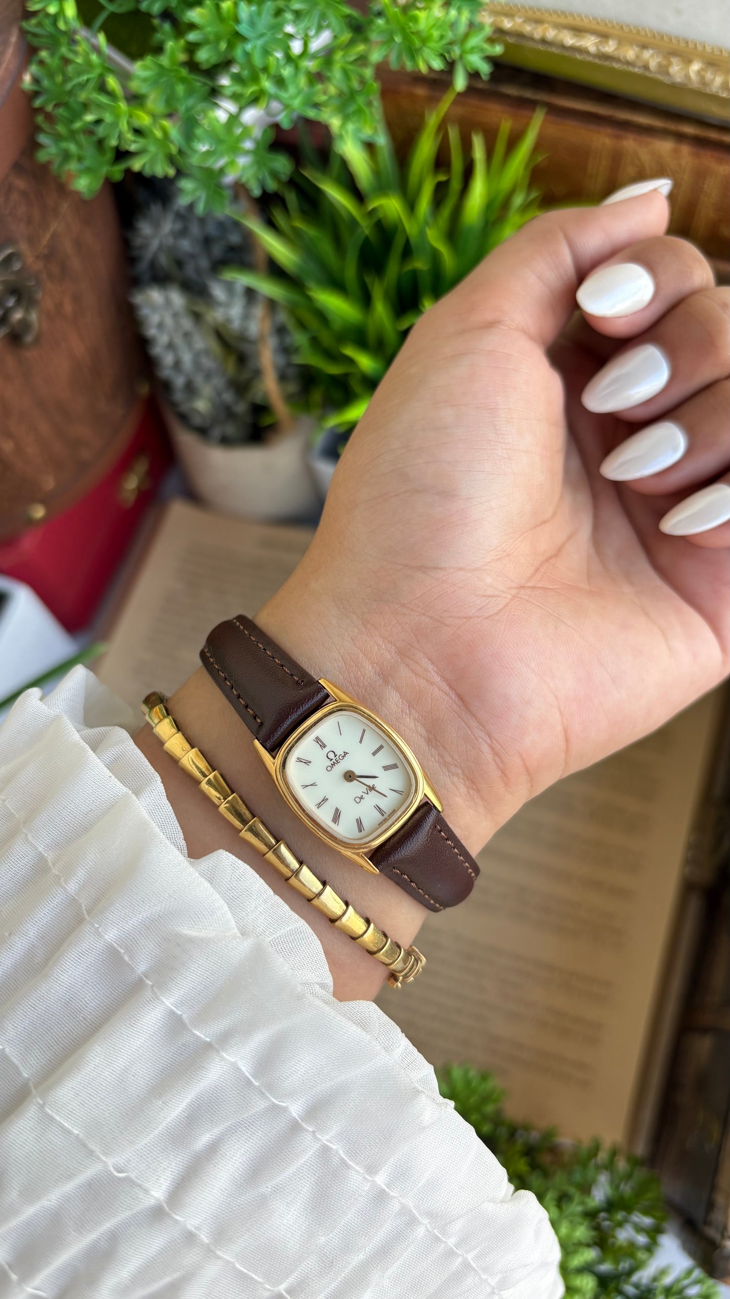 Vintage Omega De Ville Mini Tank Watch in Brown Leather Straps Roman Dial