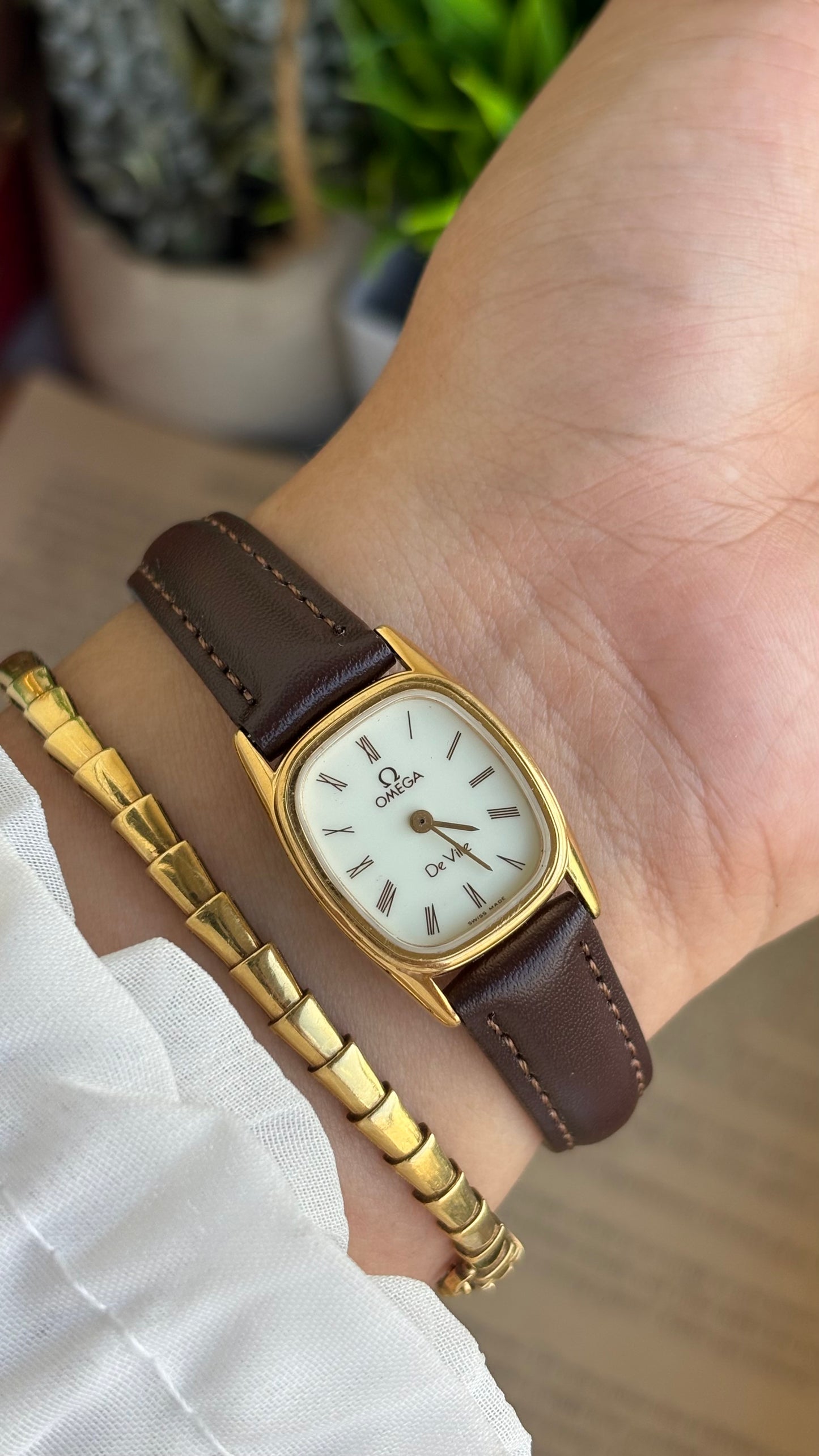 Vintage Omega De Ville Mini Tank Watch in Brown Leather Straps Roman Dial