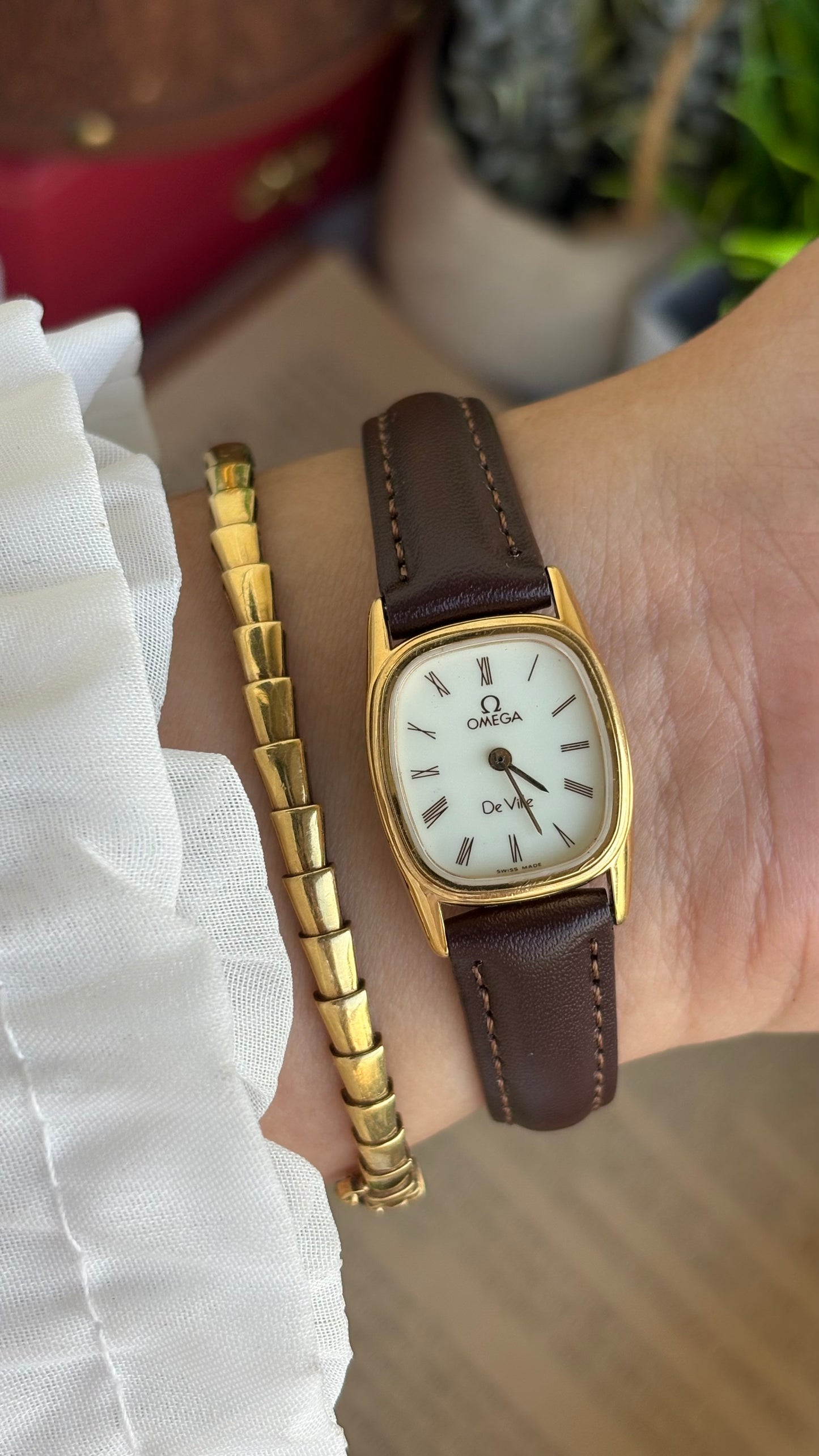Vintage Omega De Ville Mini Tank Watch in Brown Leather Straps Roman Dial