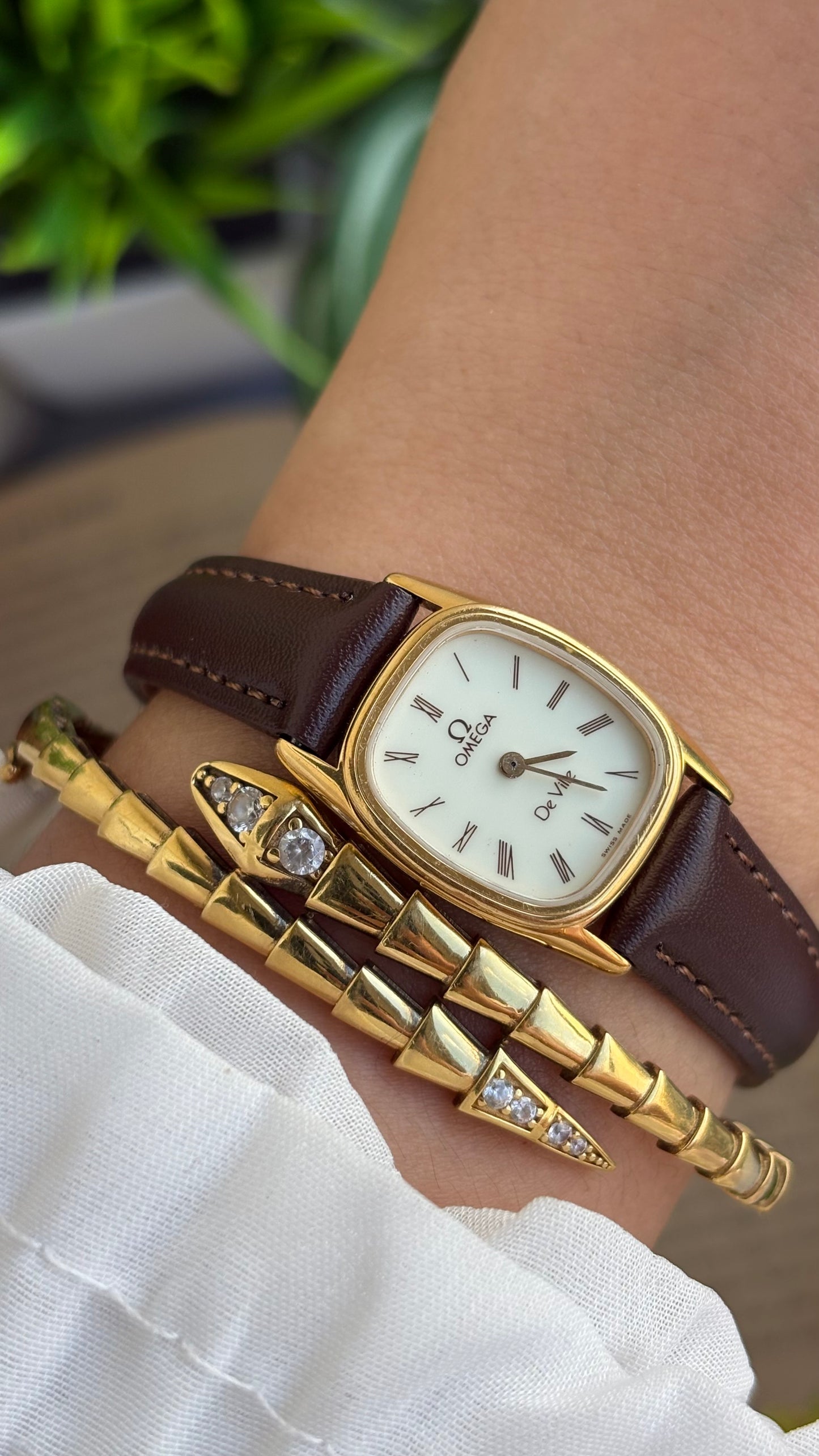 Vintage Omega De Ville Mini Tank Watch in Brown Leather Straps Roman Dial
