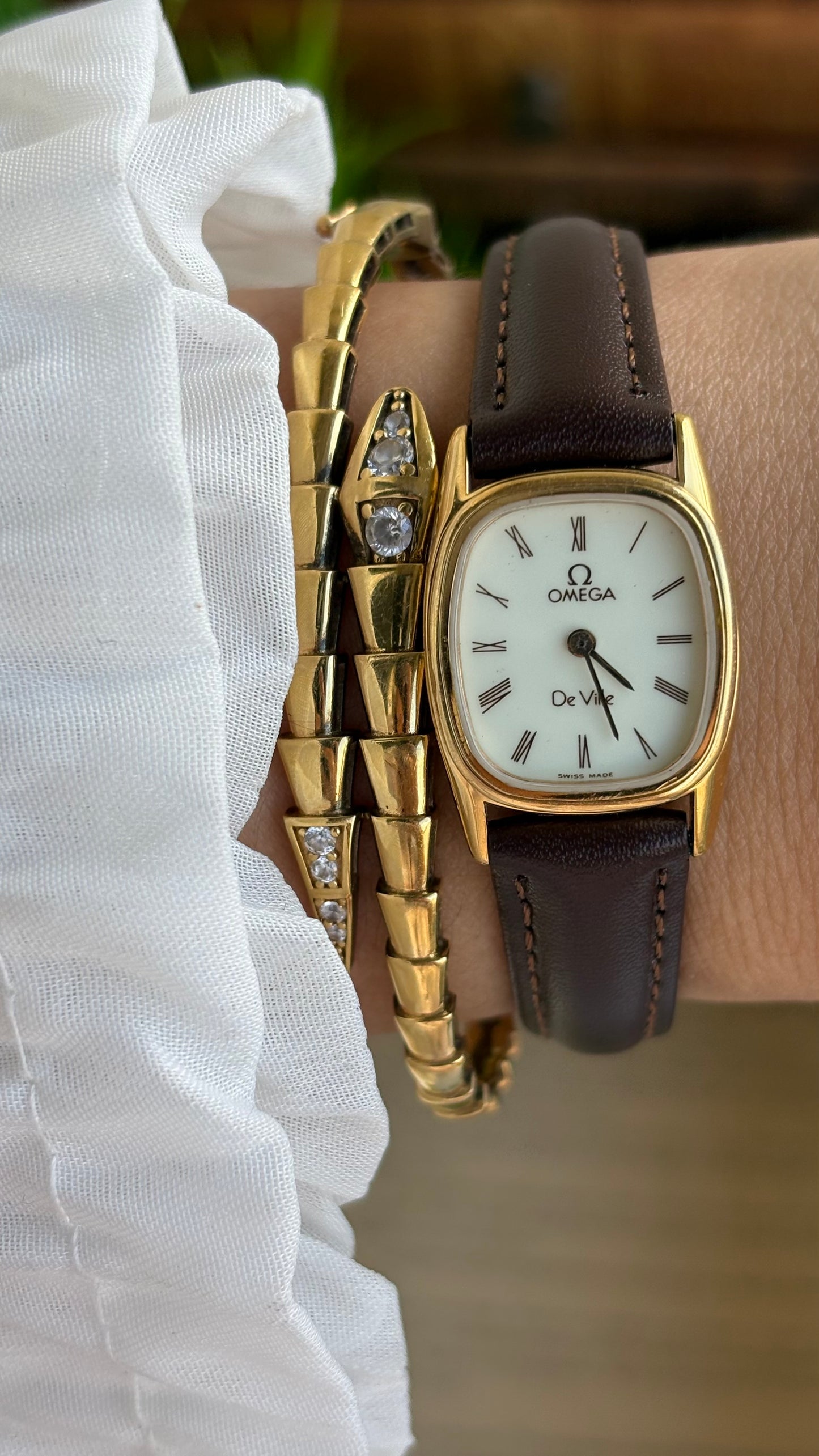 Vintage Omega De Ville Mini Tank Watch in Brown Leather Straps Roman Dial