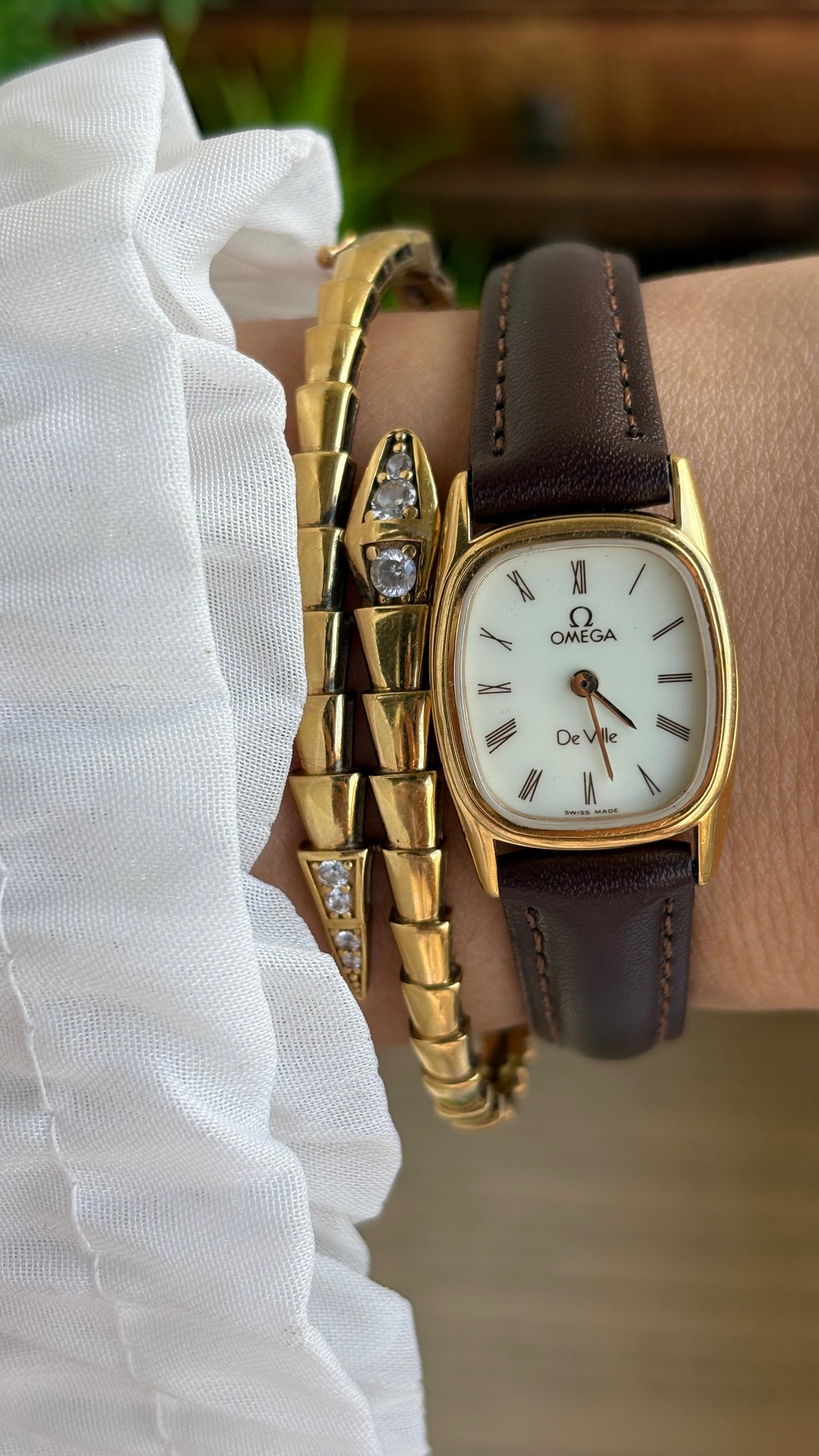 Vintage Omega De Ville Mini Tank Watch in Brown Leather Straps Roman Dial