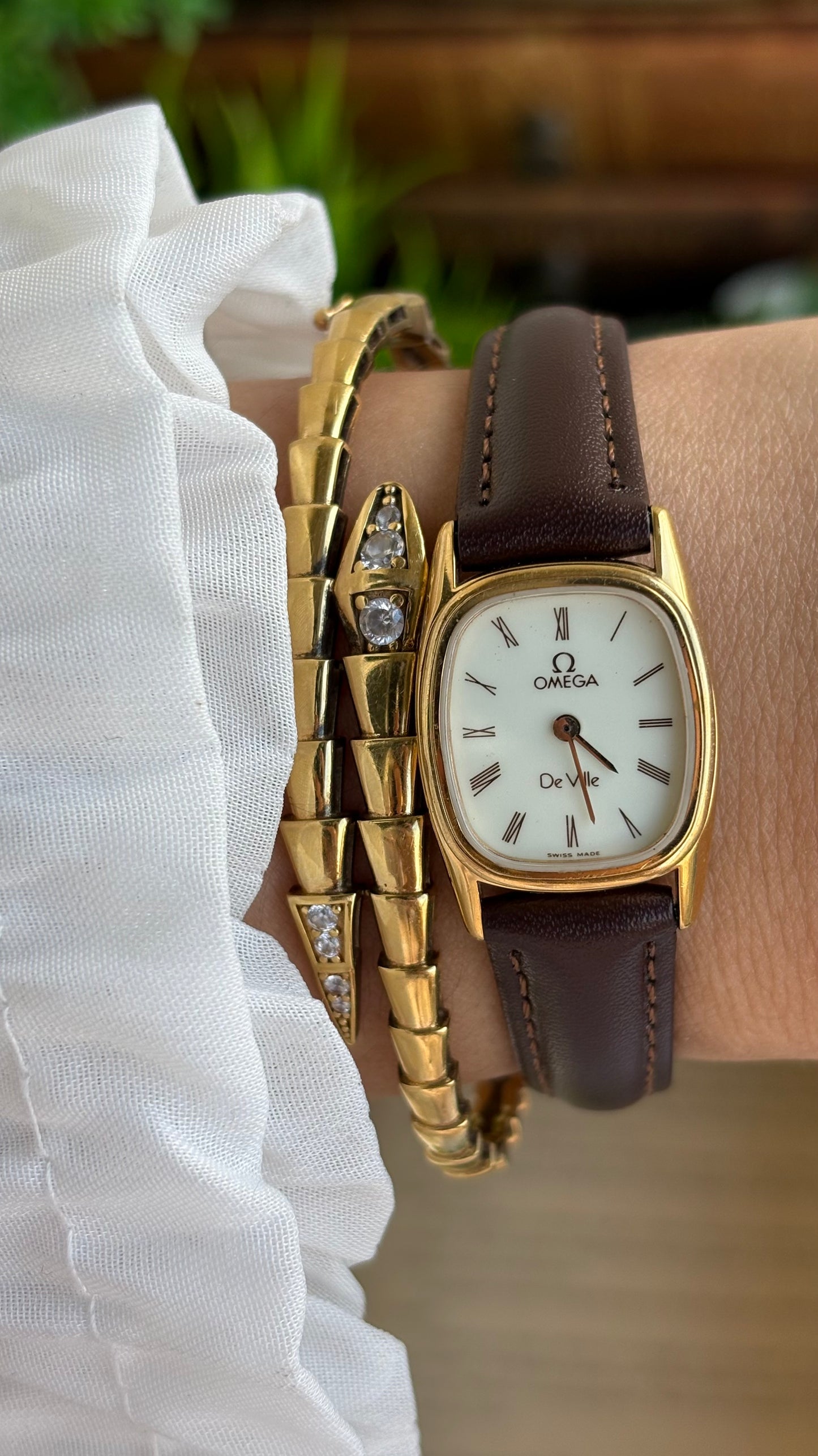 Vintage Omega De Ville Mini Tank Watch in Brown Leather Straps Roman Dial