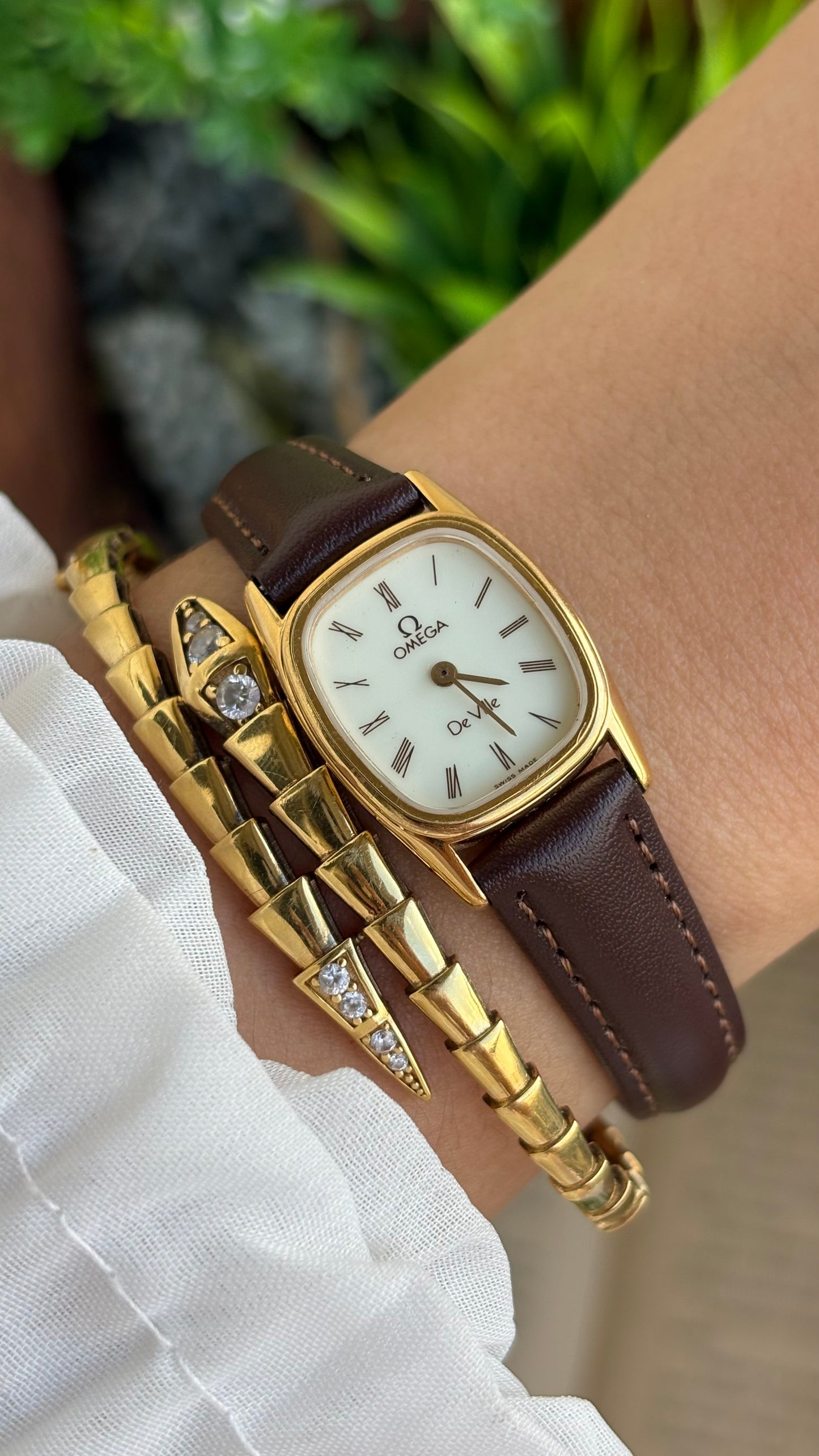 Vintage Omega De Ville Mini Tank Watch in Brown Leather Straps Roman Dial