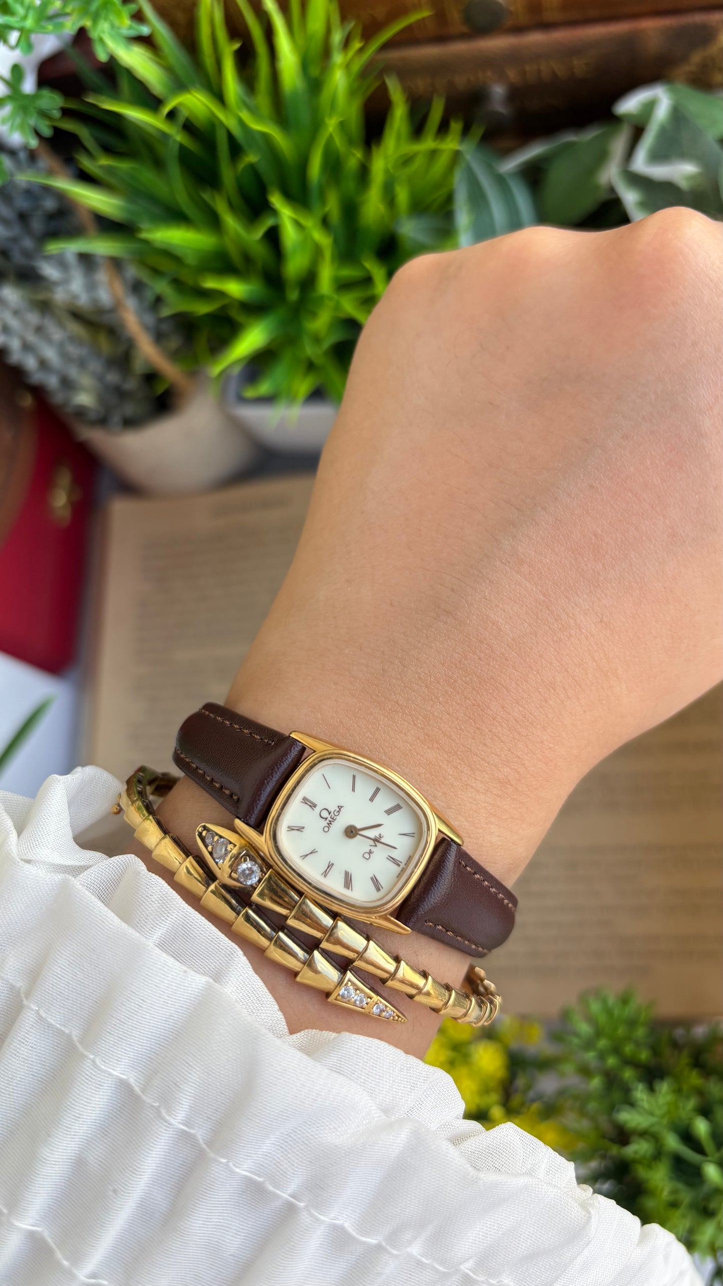 Vintage Omega De Ville Mini Tank Watch in Brown Leather Straps Roman Dial