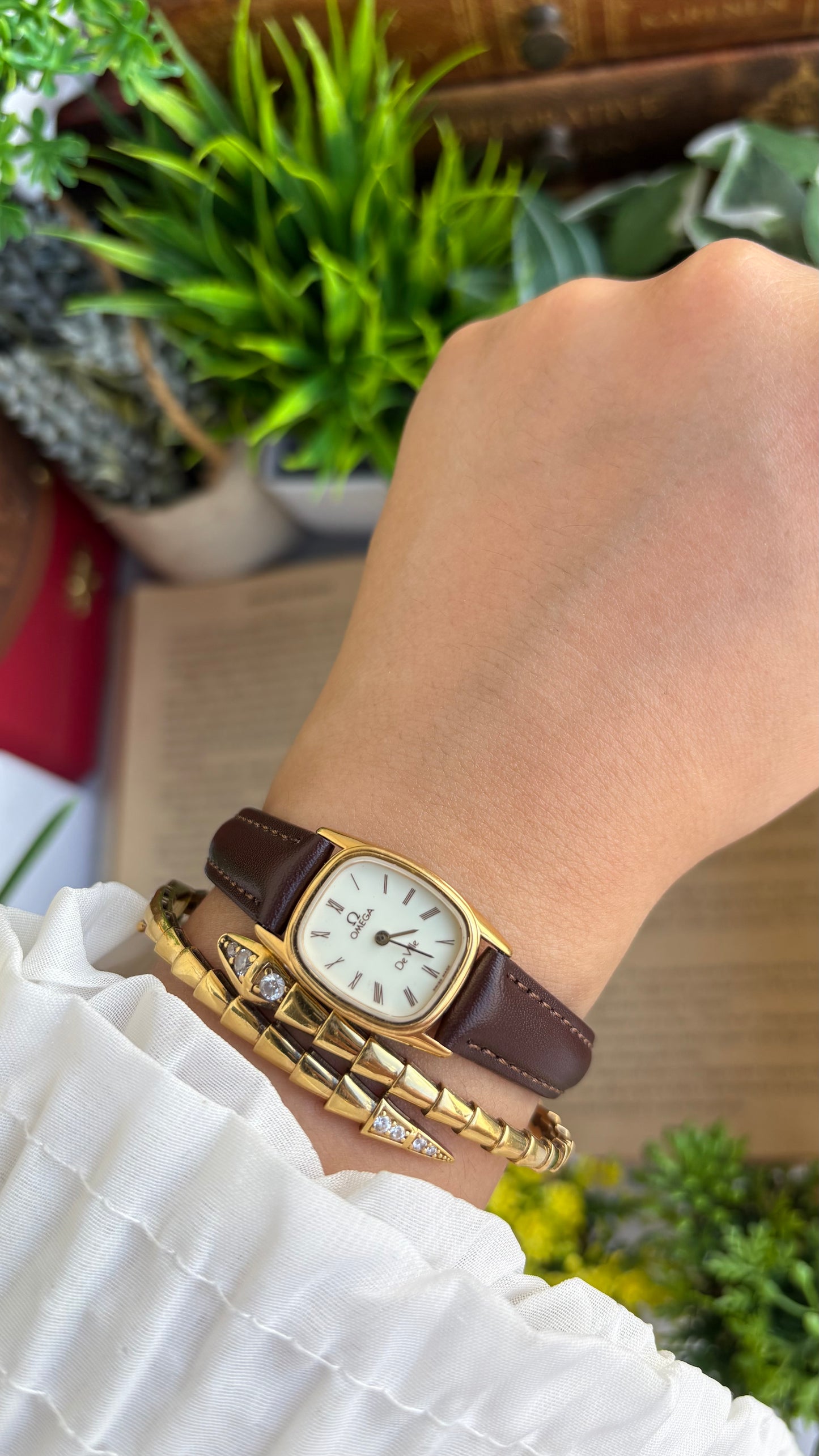 Vintage Omega De Ville Mini Tank Watch in Brown Leather Straps Roman Dial
