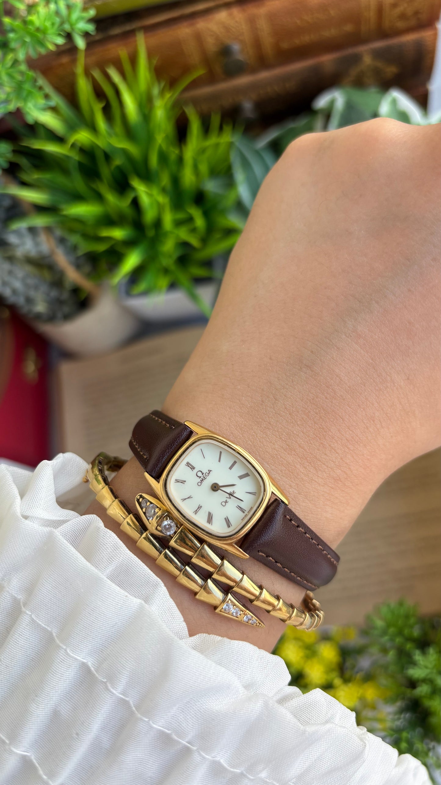 Vintage Omega De Ville Mini Tank Watch in Brown Leather Straps Roman Dial