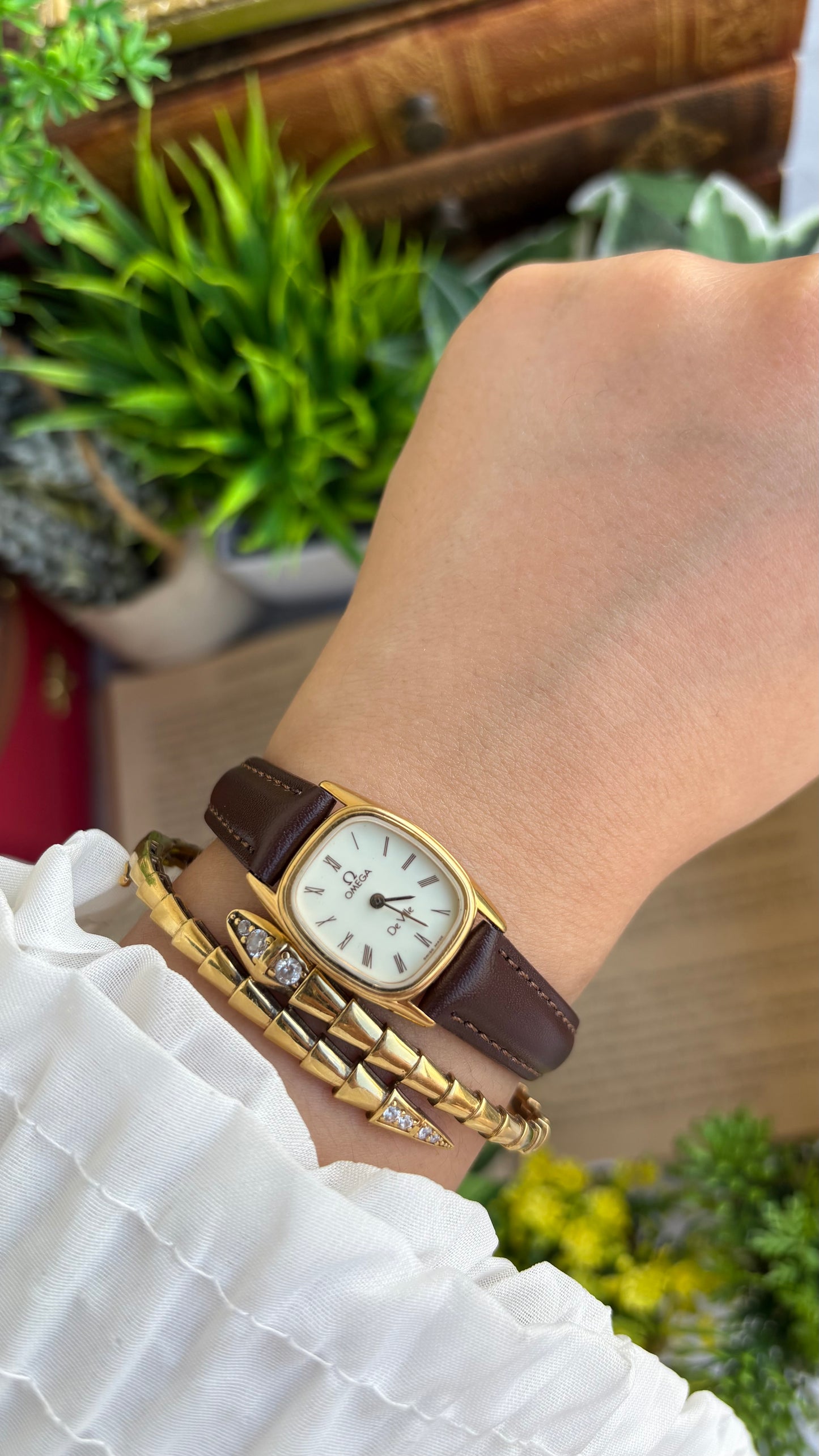Vintage Omega De Ville Mini Tank Watch in Brown Leather Straps Roman Dial