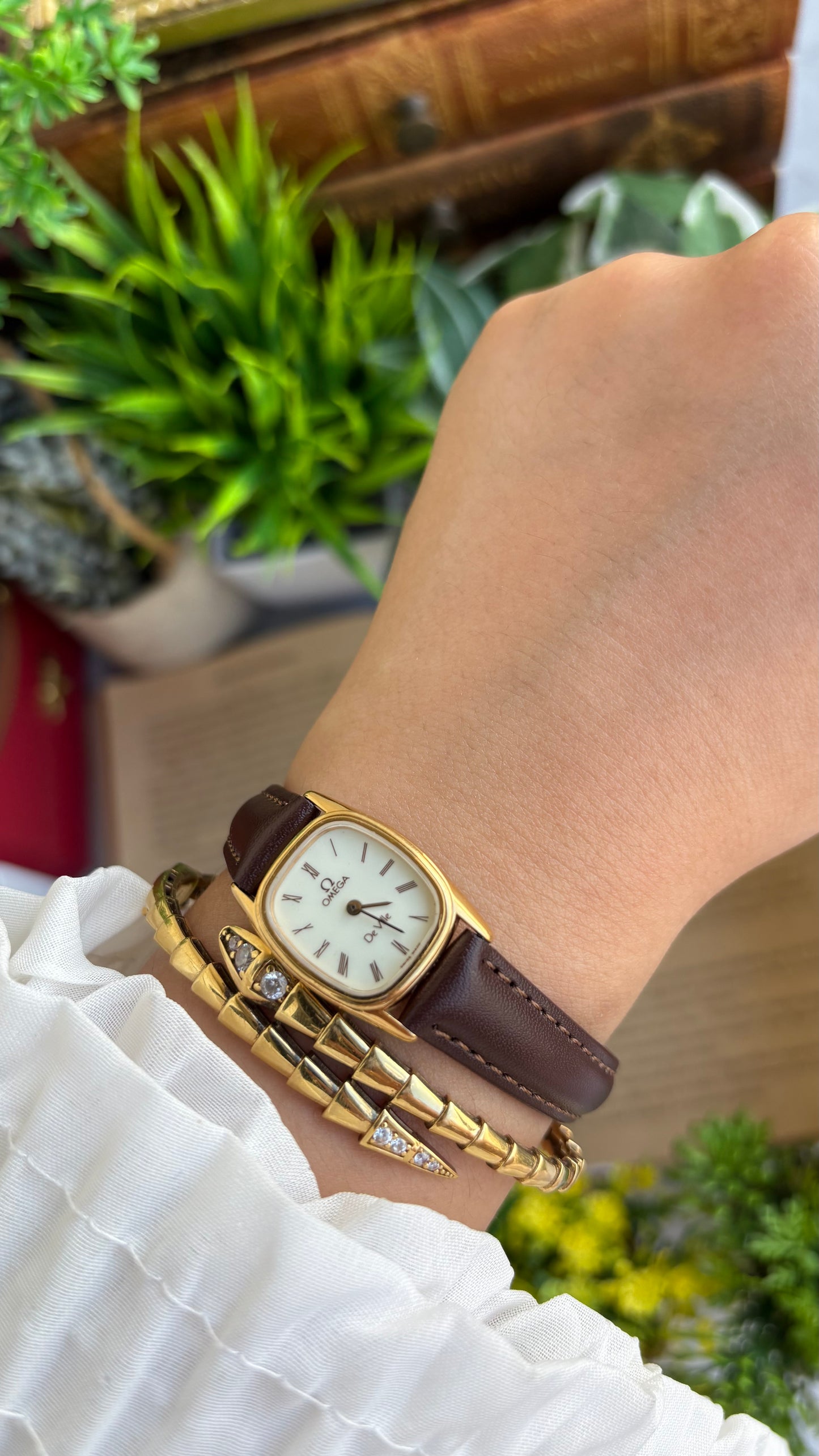 Vintage Omega De Ville Mini Tank Watch in Brown Leather Straps Roman Dial