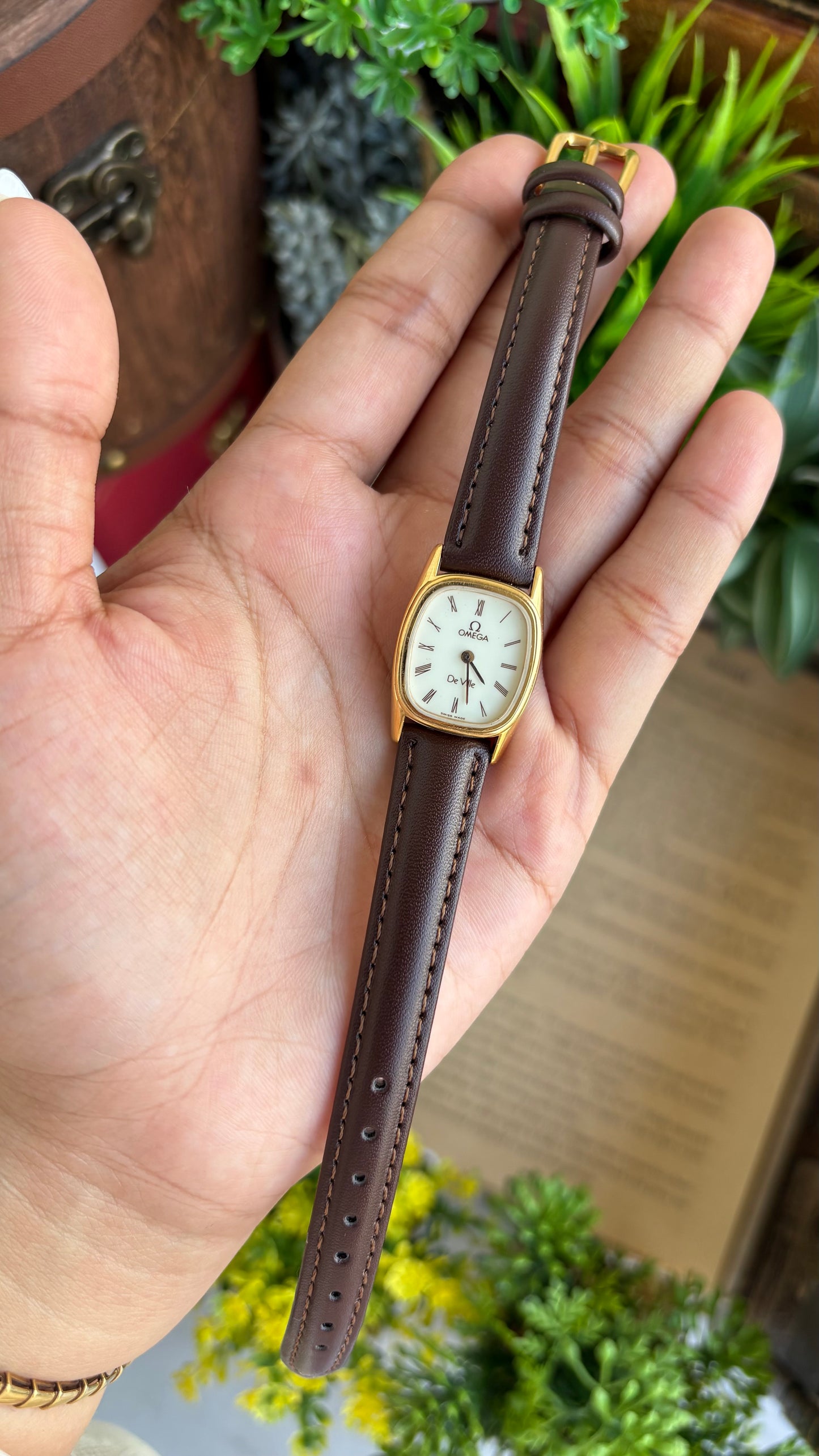 Vintage Omega De Ville Mini Tank Watch in Brown Leather Straps Roman Dial