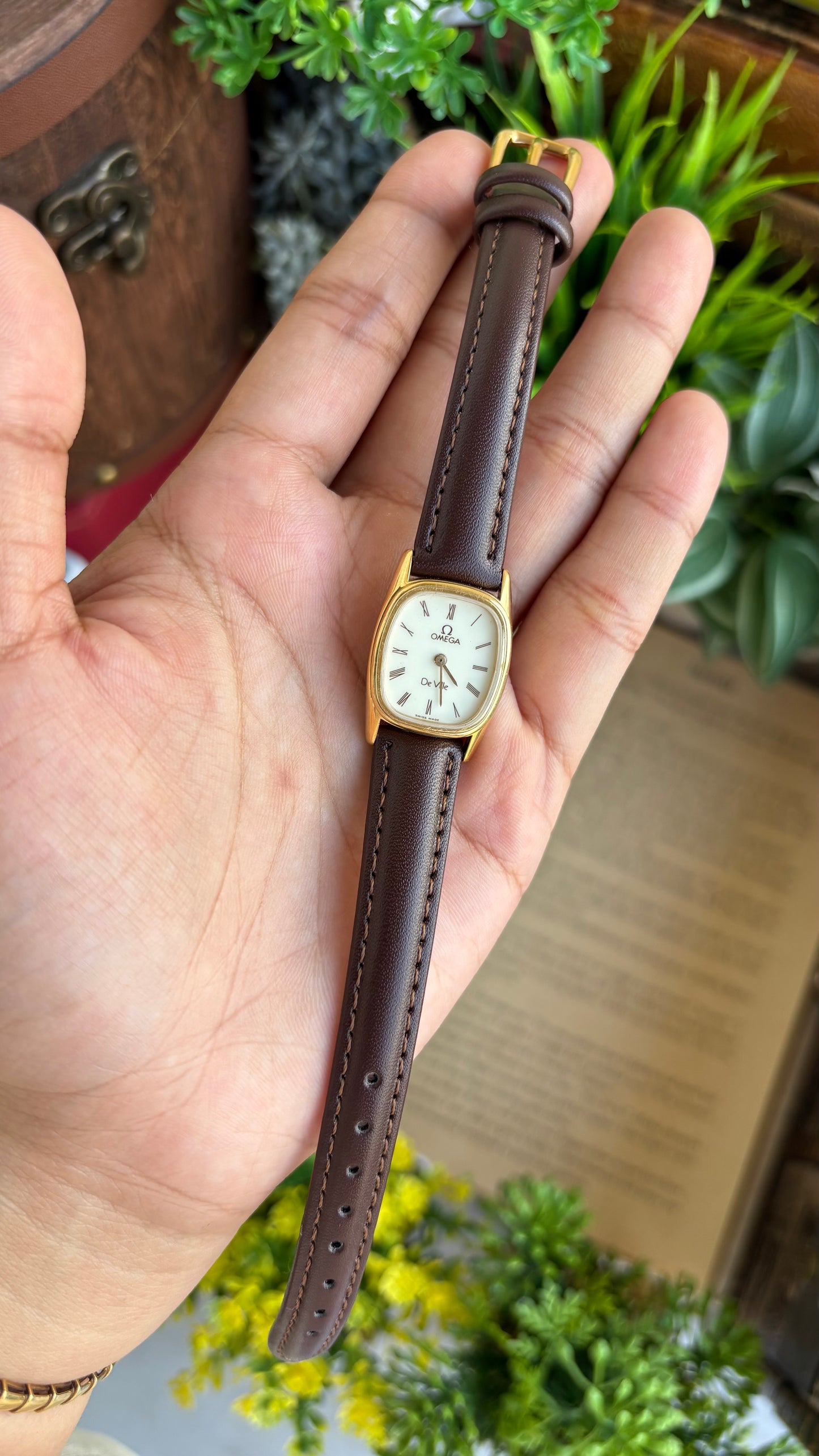 Vintage Omega De Ville Mini Tank Watch in Brown Leather Straps Roman Dial
