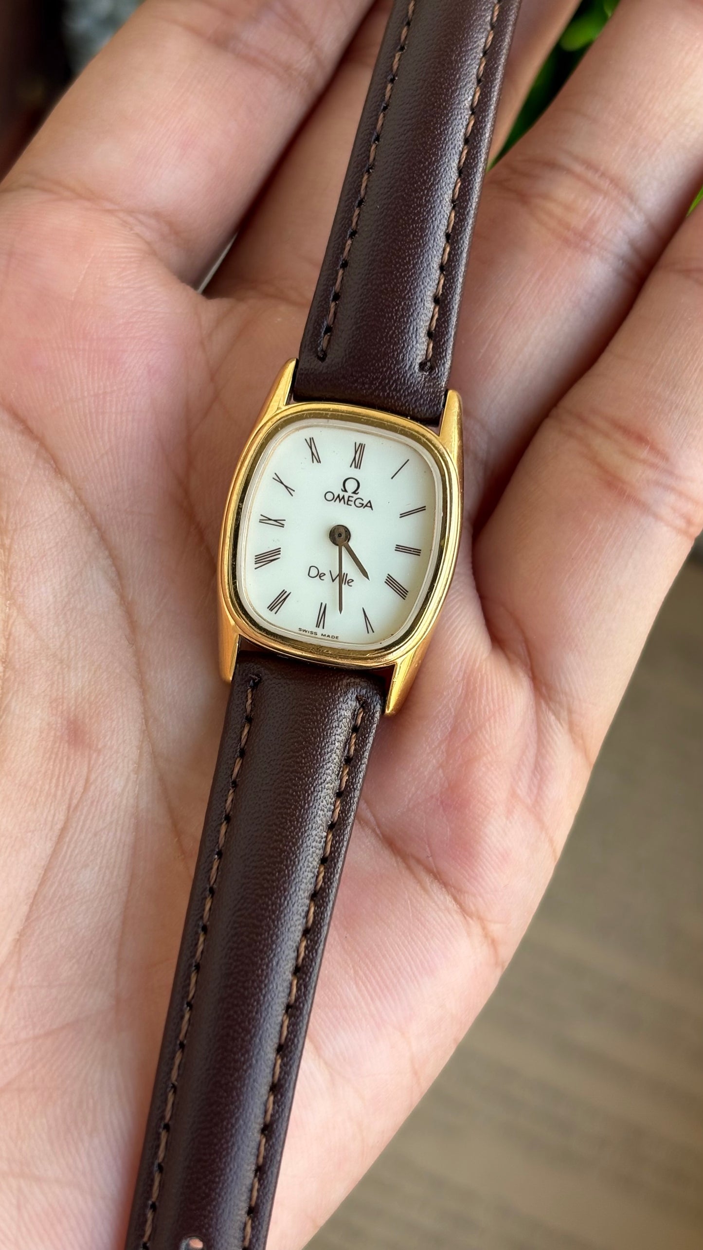 Vintage Omega De Ville Mini Tank Watch in Brown Leather Straps Roman Dial