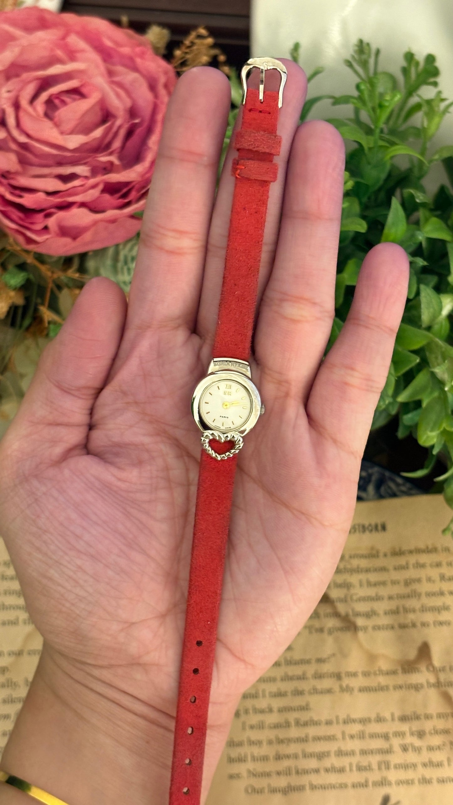 Rare Boxed Vintage Sonia Rykiel Heart Accent Watch in Silver Tone Red Leather Quartz