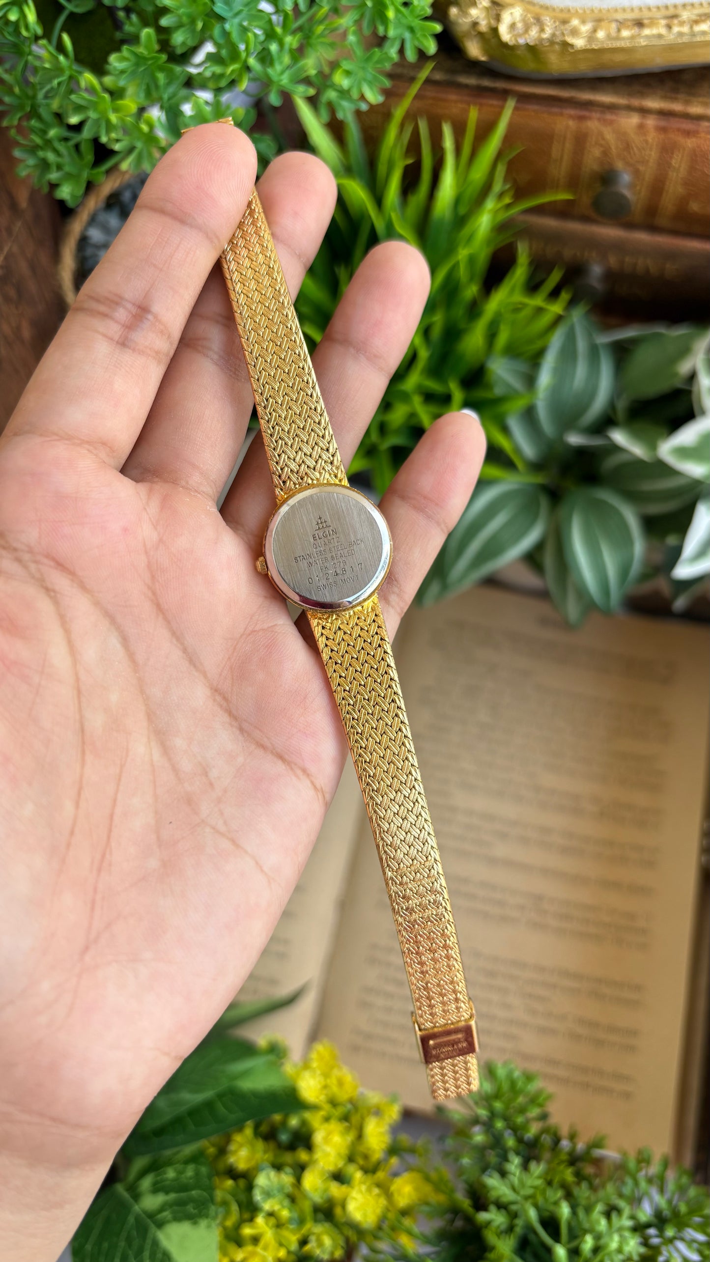 Vintage Elgin Swiss Watch in Gold Tone Self-Adjust Genuine Diamonds on Dial