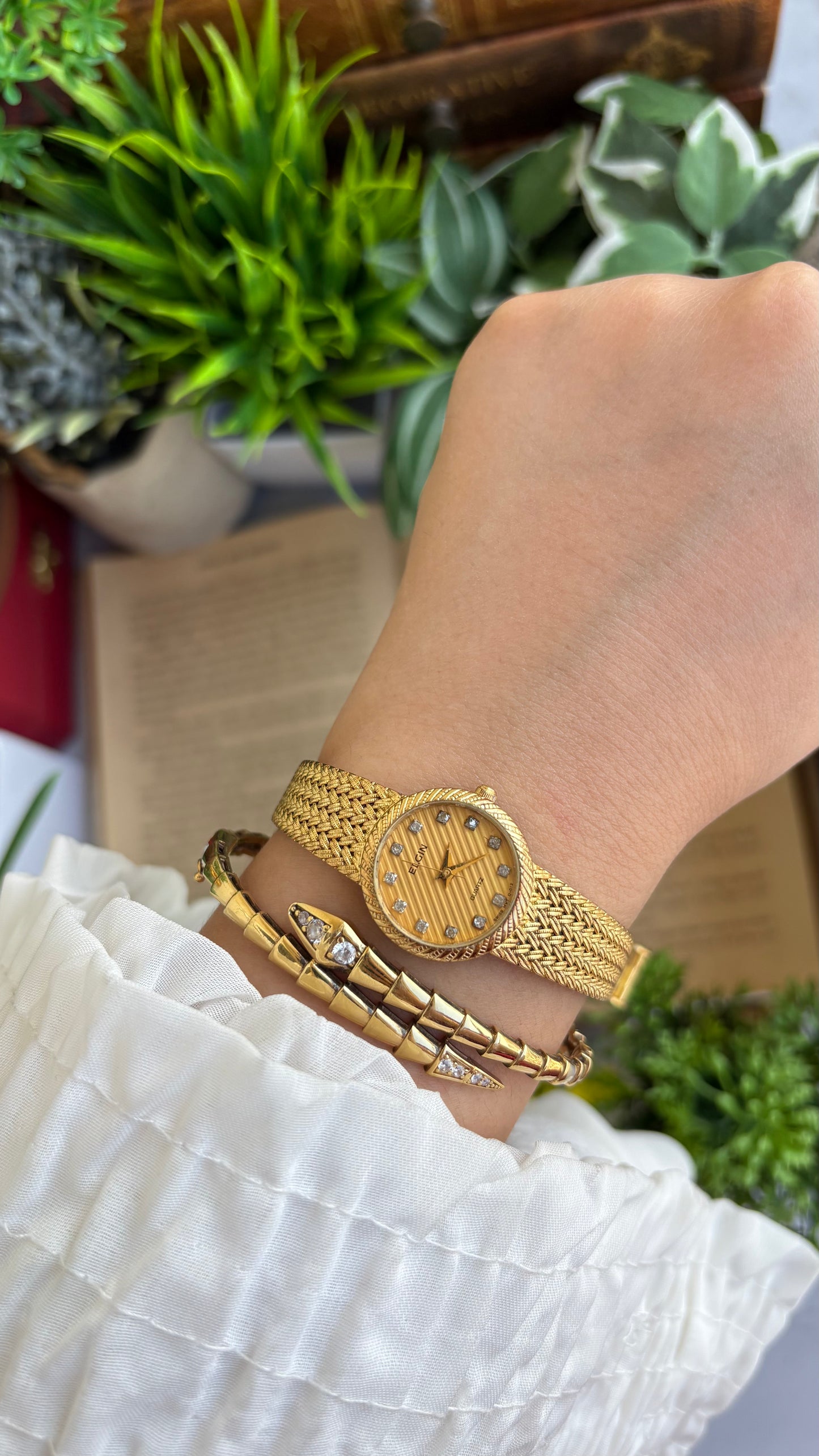 Vintage Elgin Swiss Watch in Gold Tone Self-Adjust Genuine Diamonds on Dial