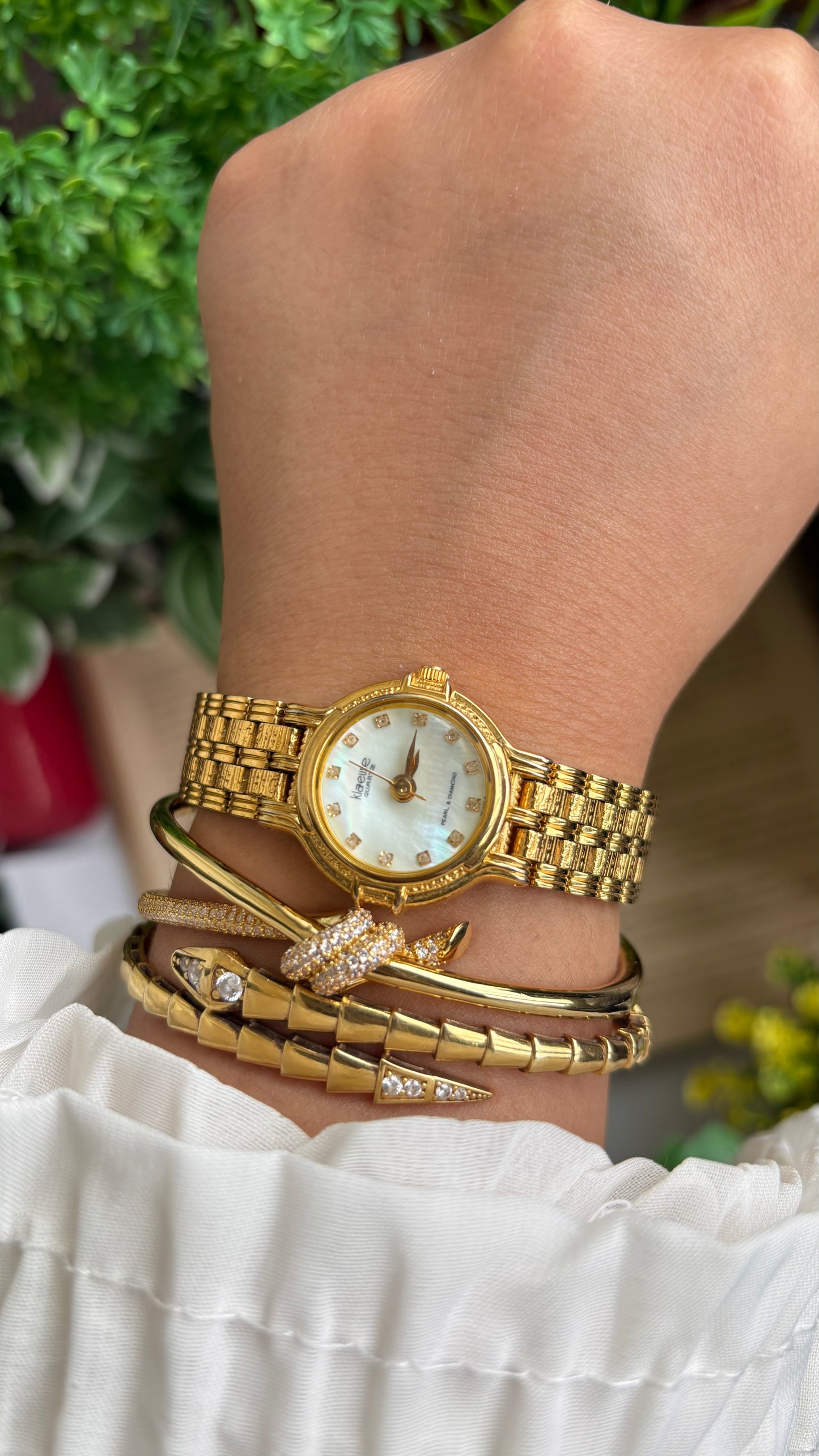 Vintage Klaeuse Watch in Gold Tone Mother of Pearl Dial with 12 Genuine Diamonds