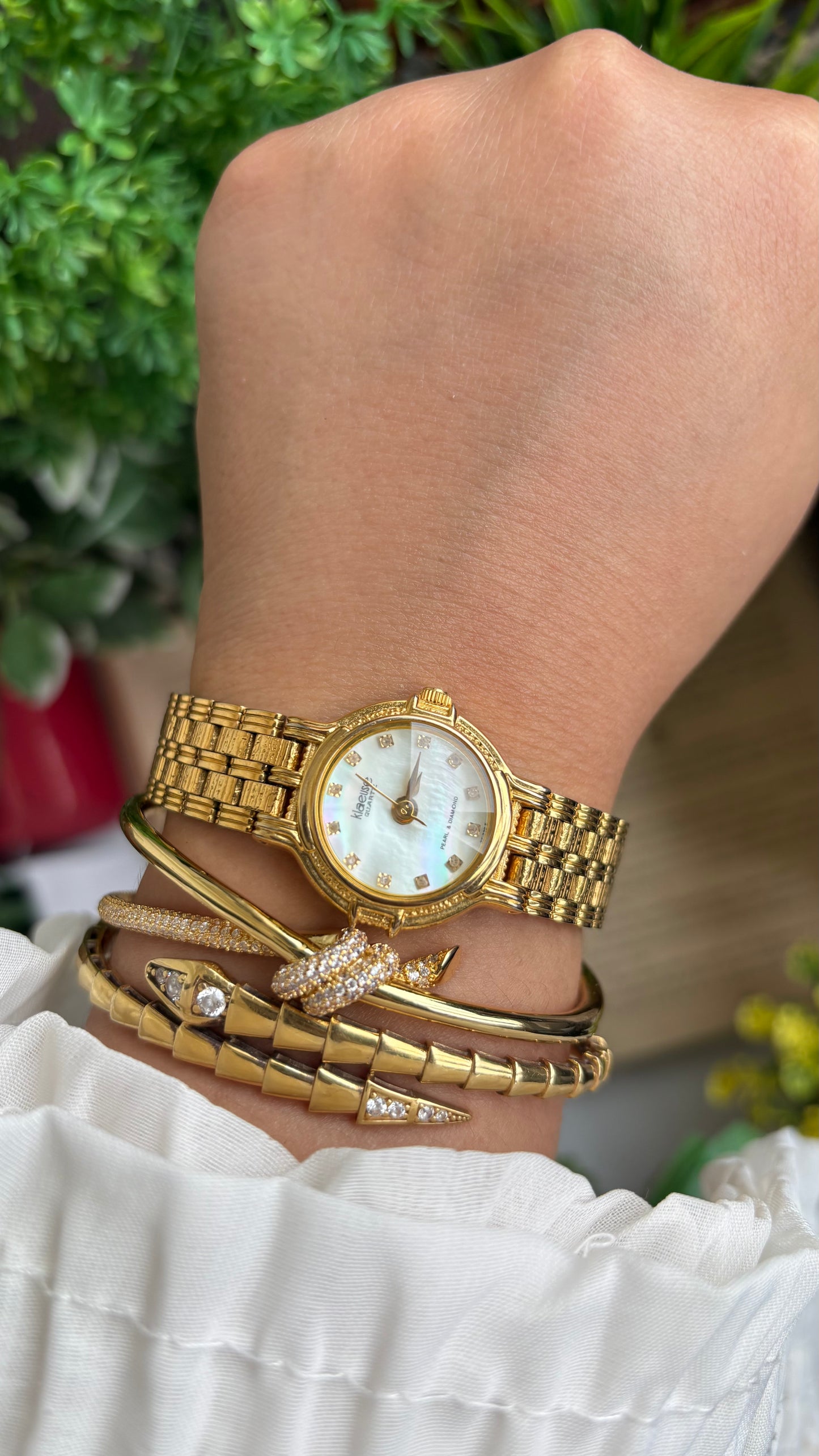 Vintage Klaeuse Watch in Gold Tone Mother of Pearl Dial with 12 Genuine Diamonds