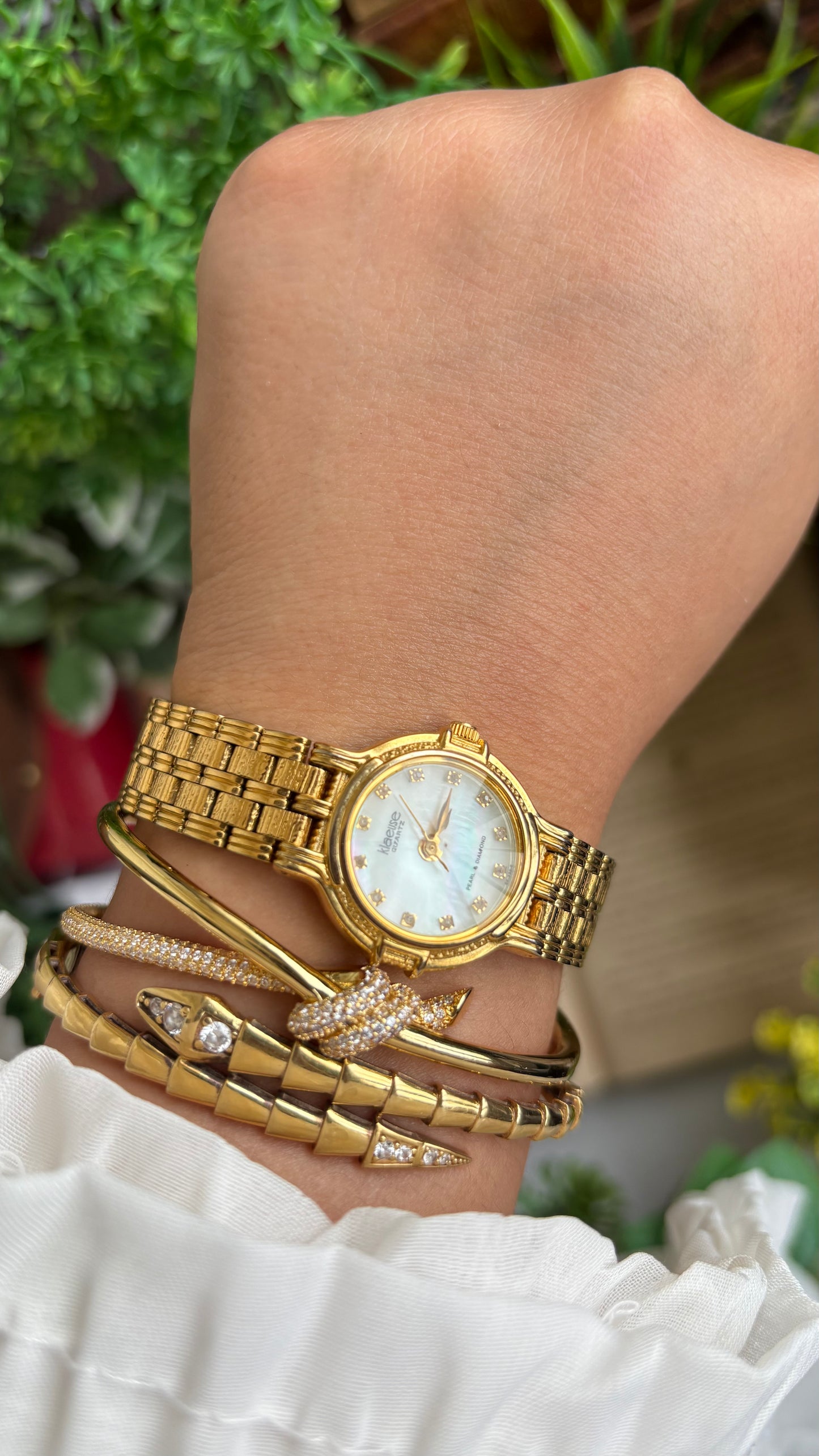 Vintage Klaeuse Watch in Gold Tone Mother of Pearl Dial with 12 Genuine Diamonds
