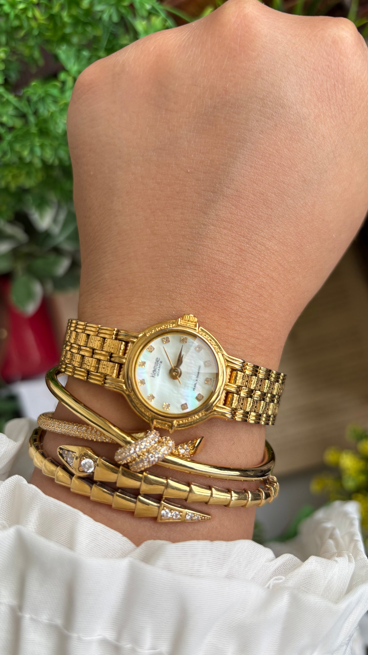 Vintage Klaeuse Watch in Gold Tone Mother of Pearl Dial with 12 Genuine Diamonds
