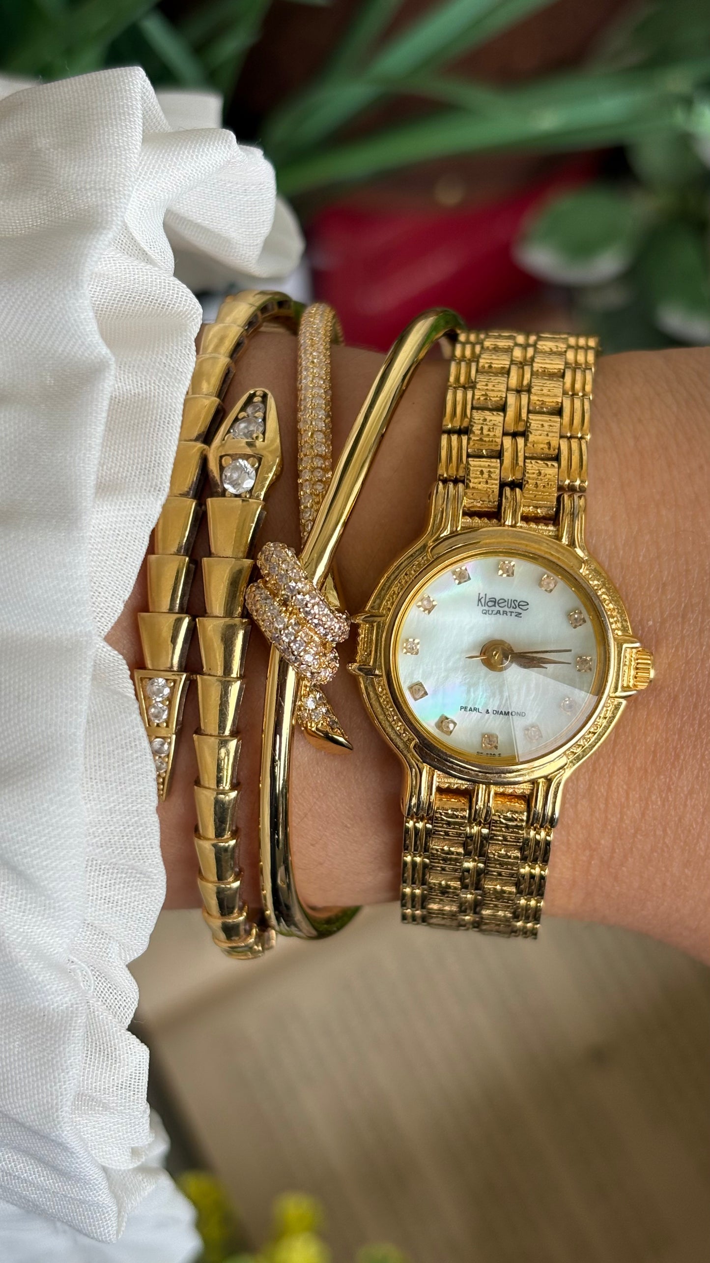 Vintage Klaeuse Watch in Gold Tone Mother of Pearl Dial with 12 Genuine Diamonds