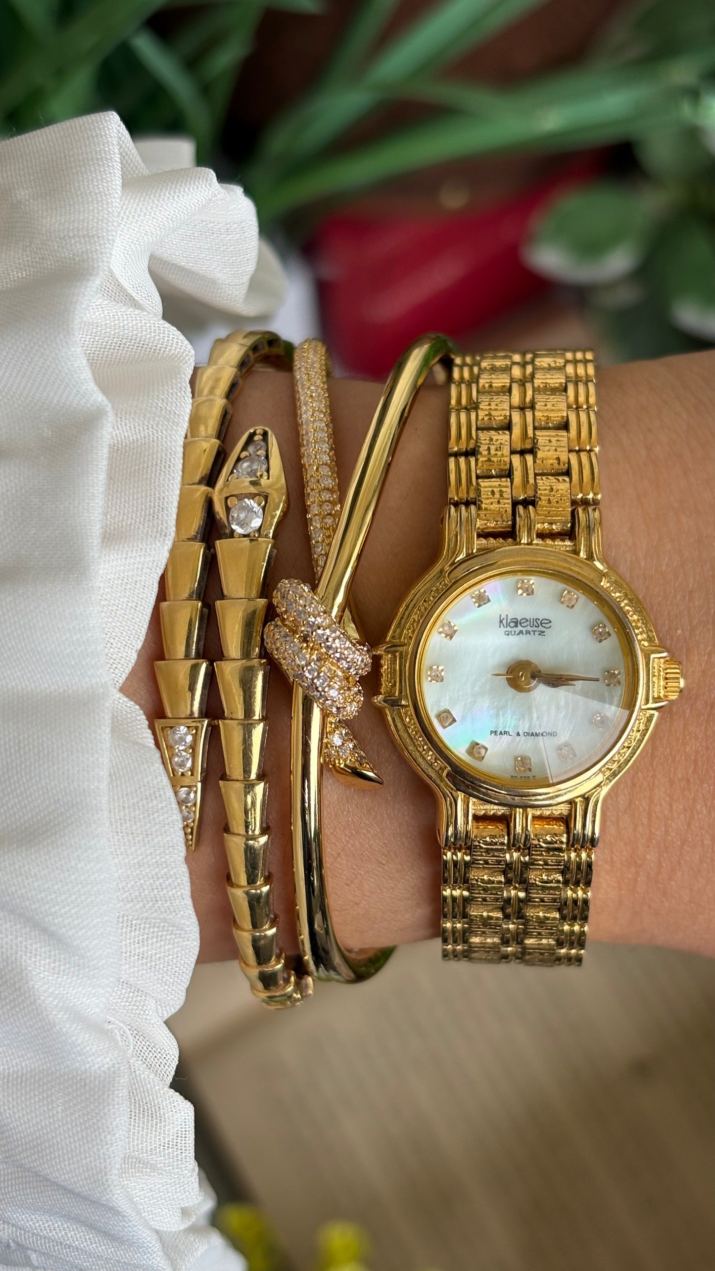 Vintage Klaeuse Watch in Gold Tone Mother of Pearl Dial with 12 Genuine Diamonds