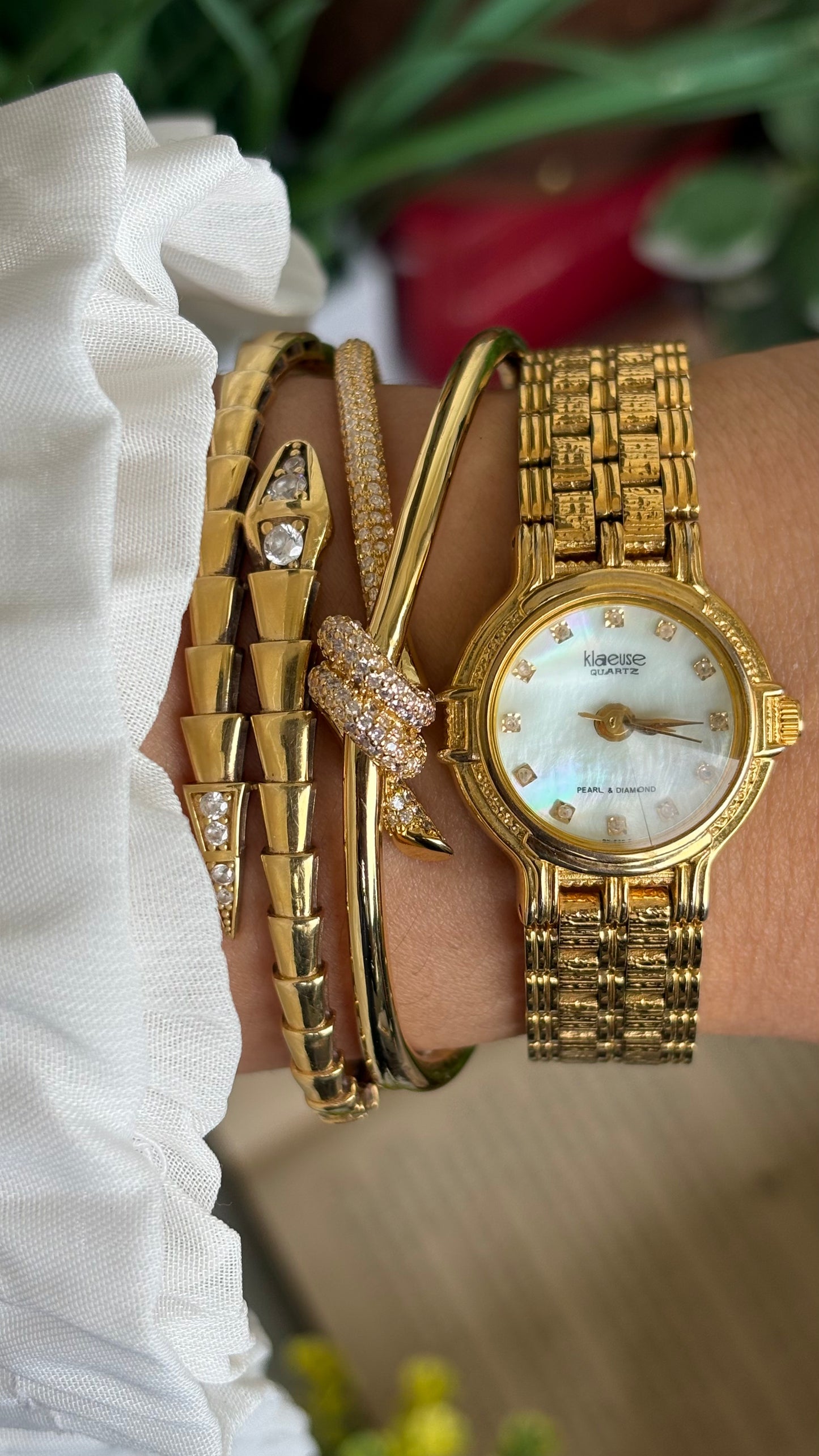 Vintage Klaeuse Watch in Gold Tone Mother of Pearl Dial with 12 Genuine Diamonds