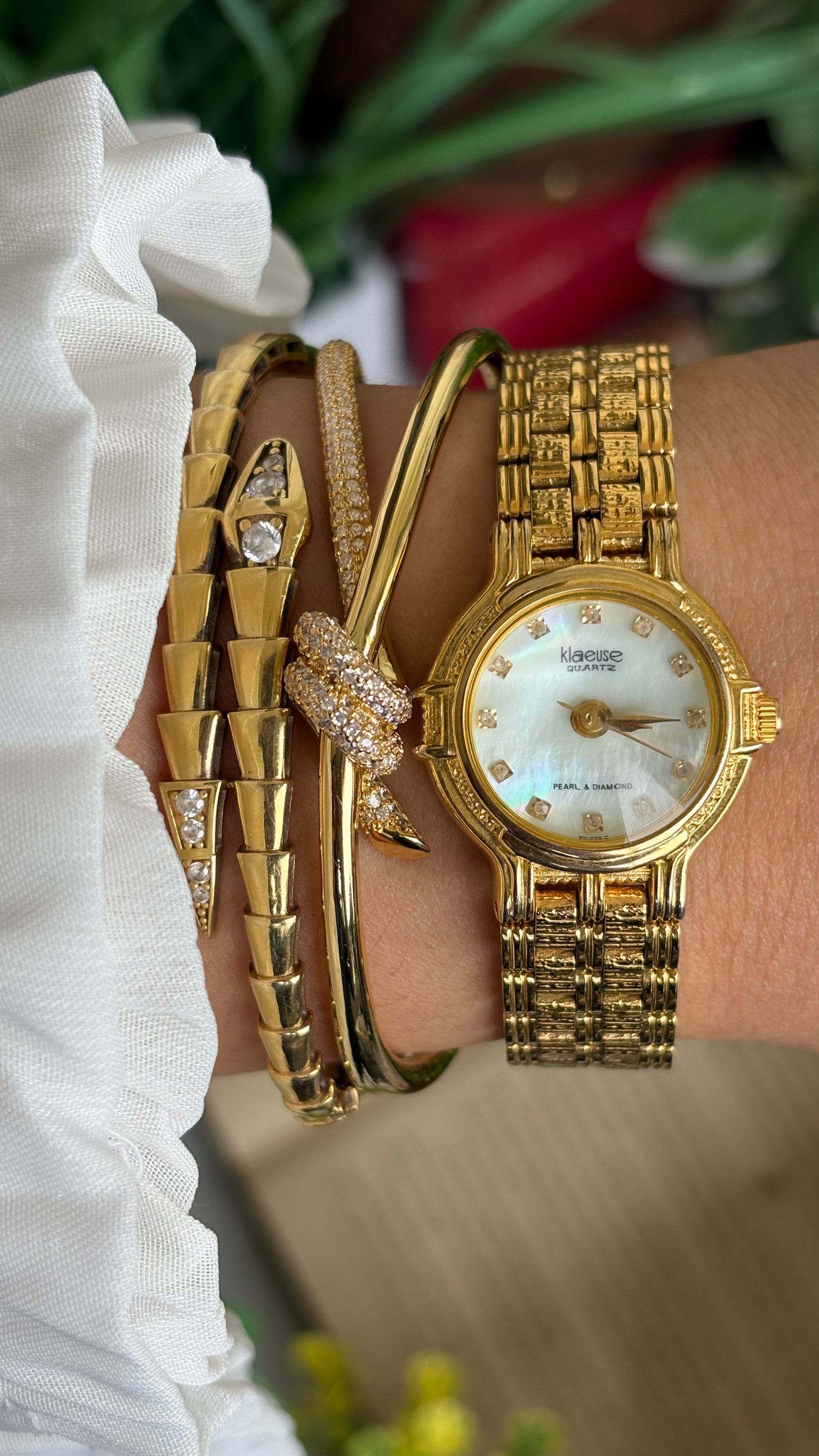 Vintage Klaeuse Watch in Gold Tone Mother of Pearl Dial with 12 Genuine Diamonds