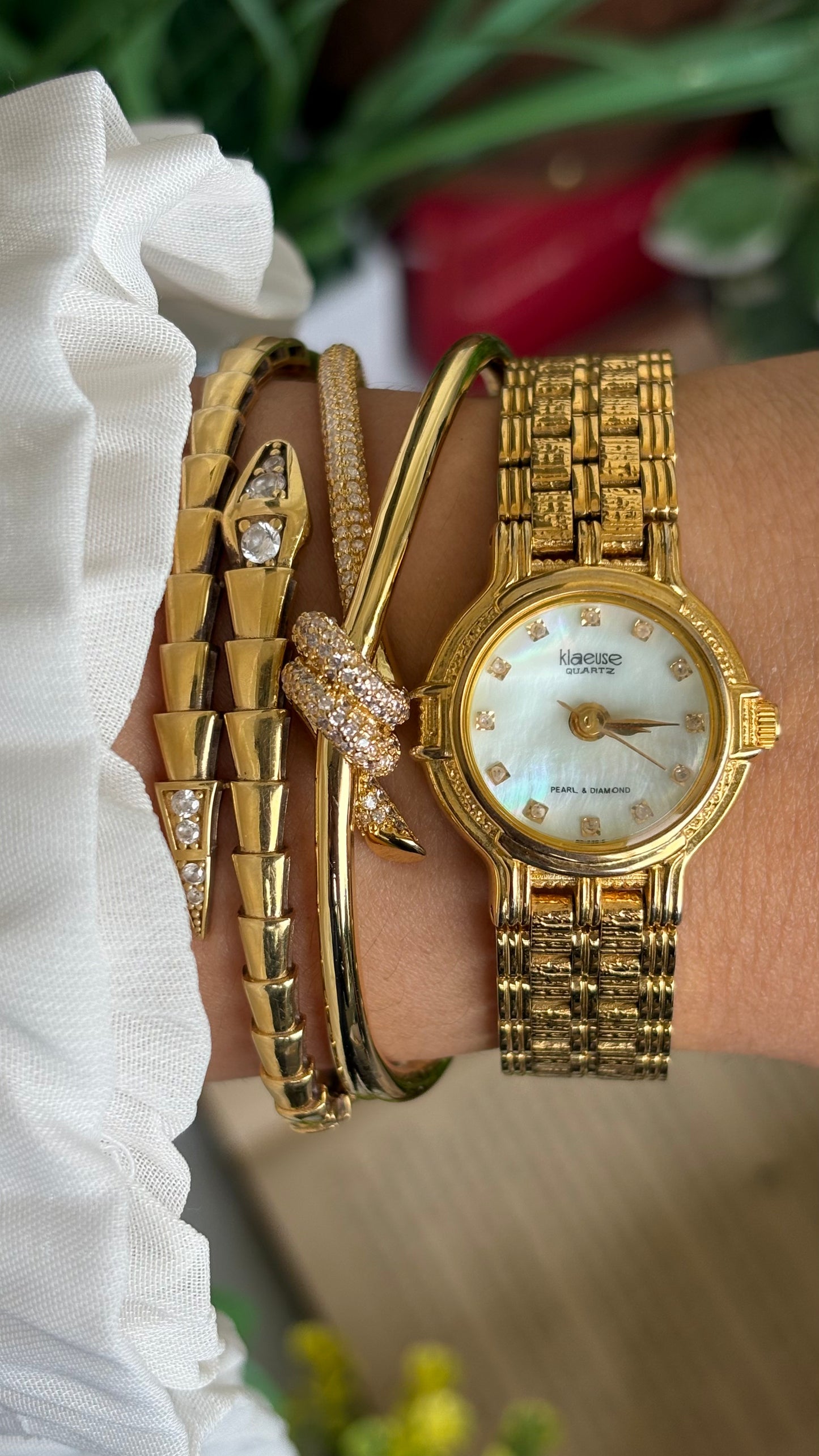 Vintage Klaeuse Watch in Gold Tone Mother of Pearl Dial with 12 Genuine Diamonds