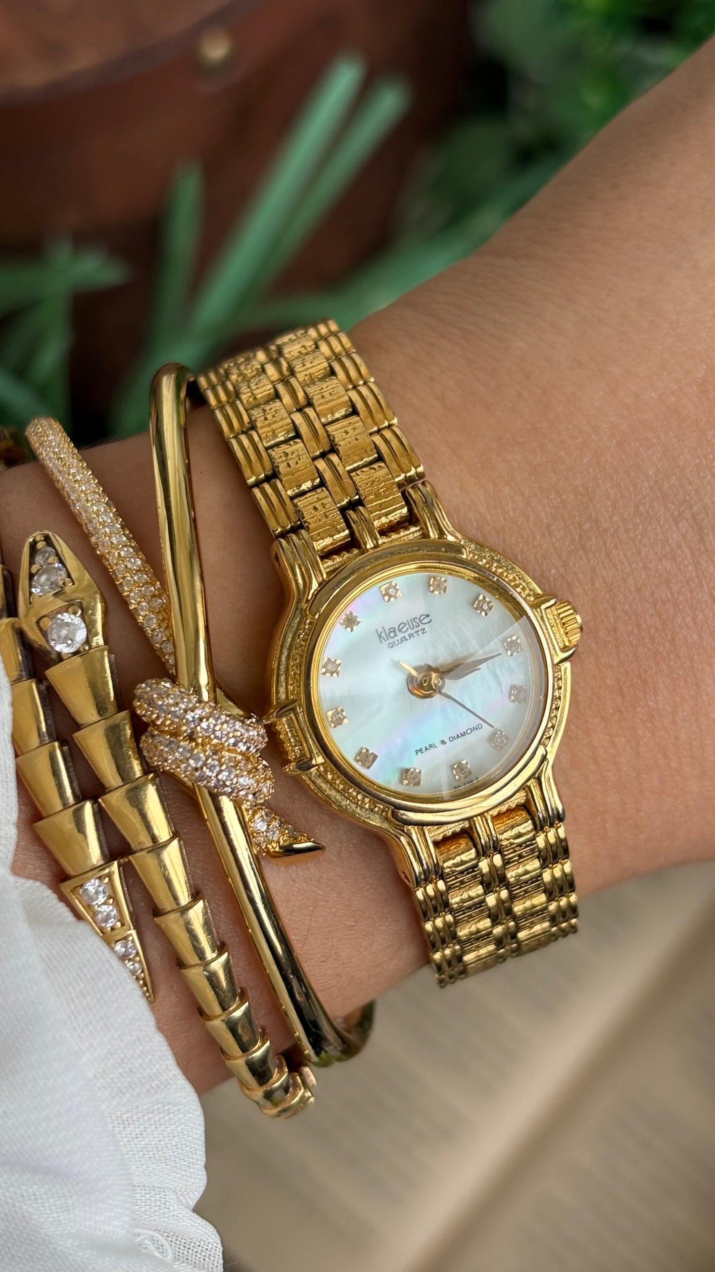 Vintage Klaeuse Watch in Gold Tone Mother of Pearl Dial with 12 Genuine Diamonds