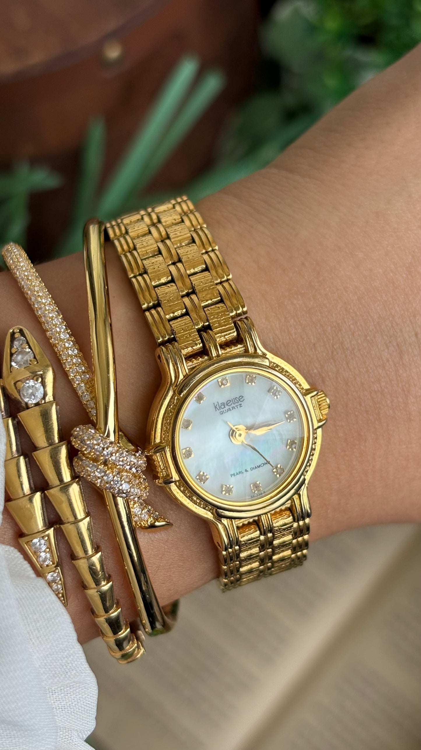 Vintage Klaeuse Watch in Gold Tone Mother of Pearl Dial with 12 Genuine Diamonds