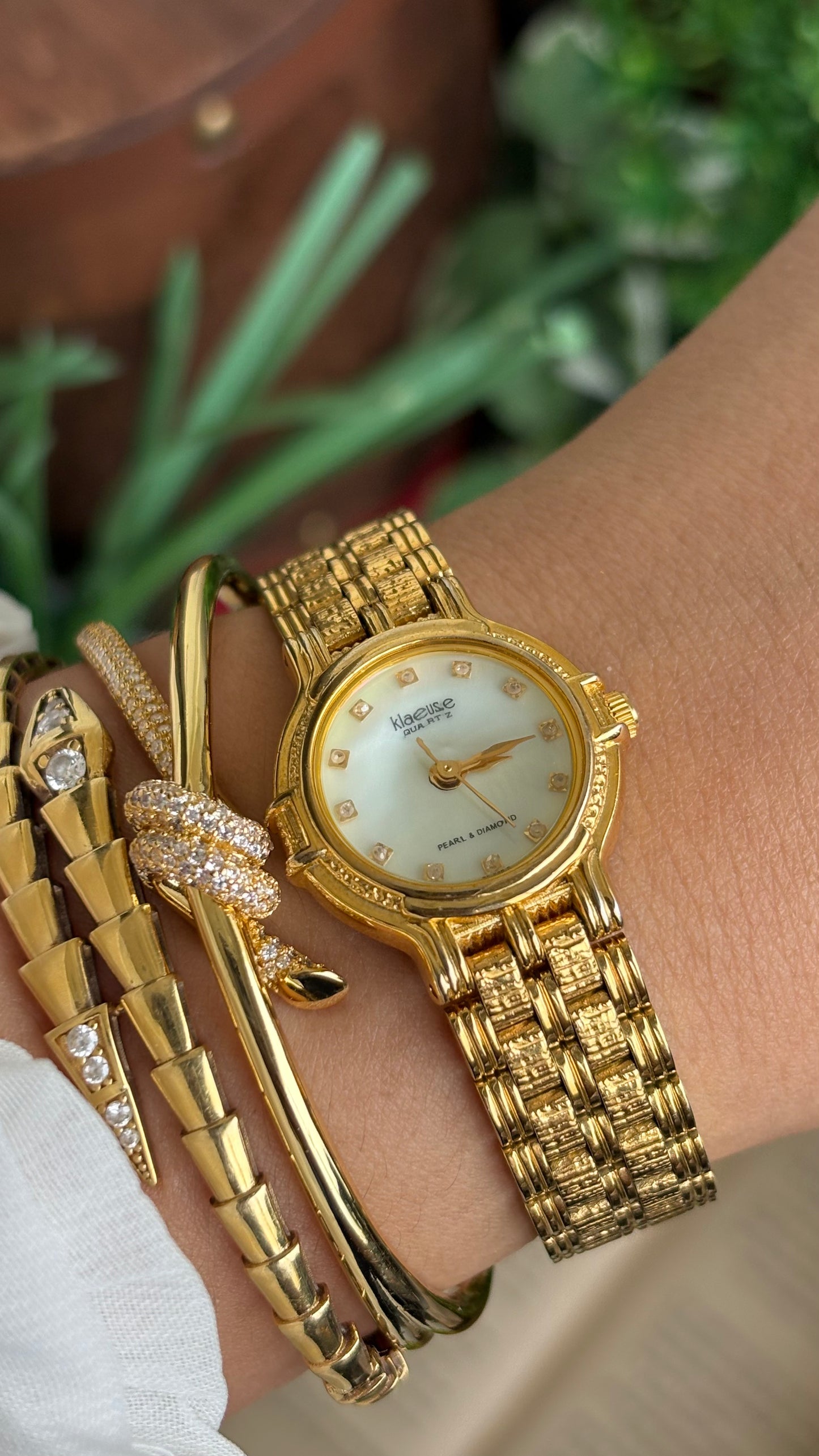 Vintage Klaeuse Watch in Gold Tone Mother of Pearl Dial with 12 Genuine Diamonds